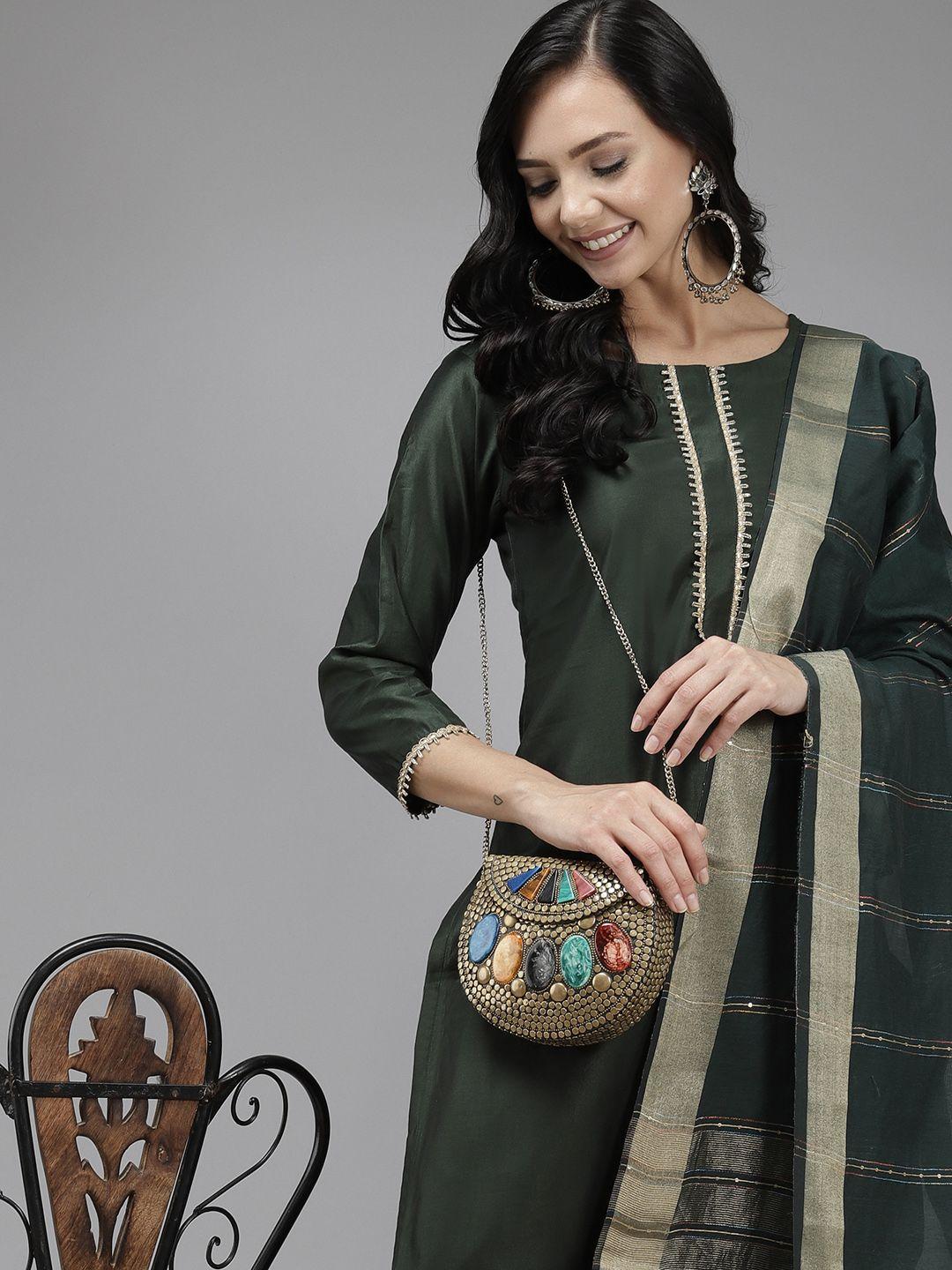 indo era women green yoke design regular gotta patti kurta with palazzos & dupatta