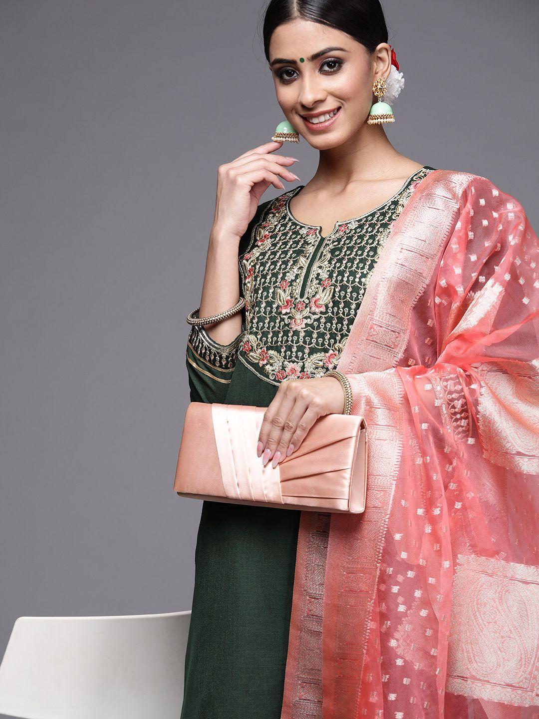 indo era women green yoke design sequinned kurta with palazzos & with dupatta