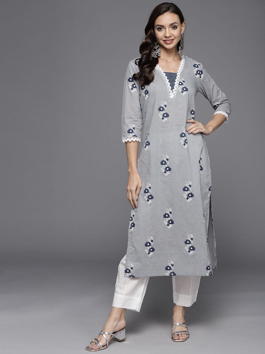 indo era women grey & blue floral printed pure cotton kurta