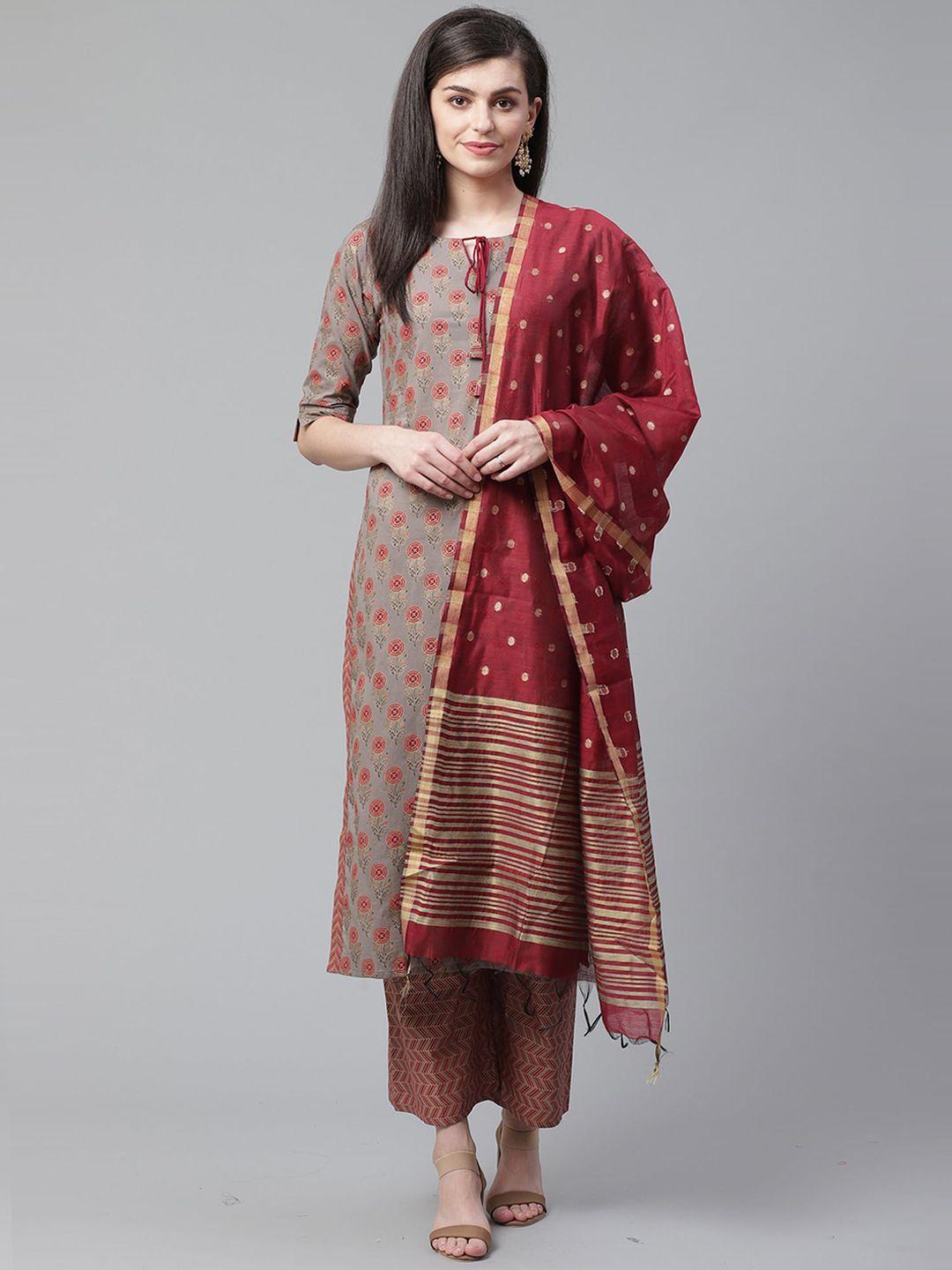 indo era women grey & maroon printed kurta with palazzos & dupatta