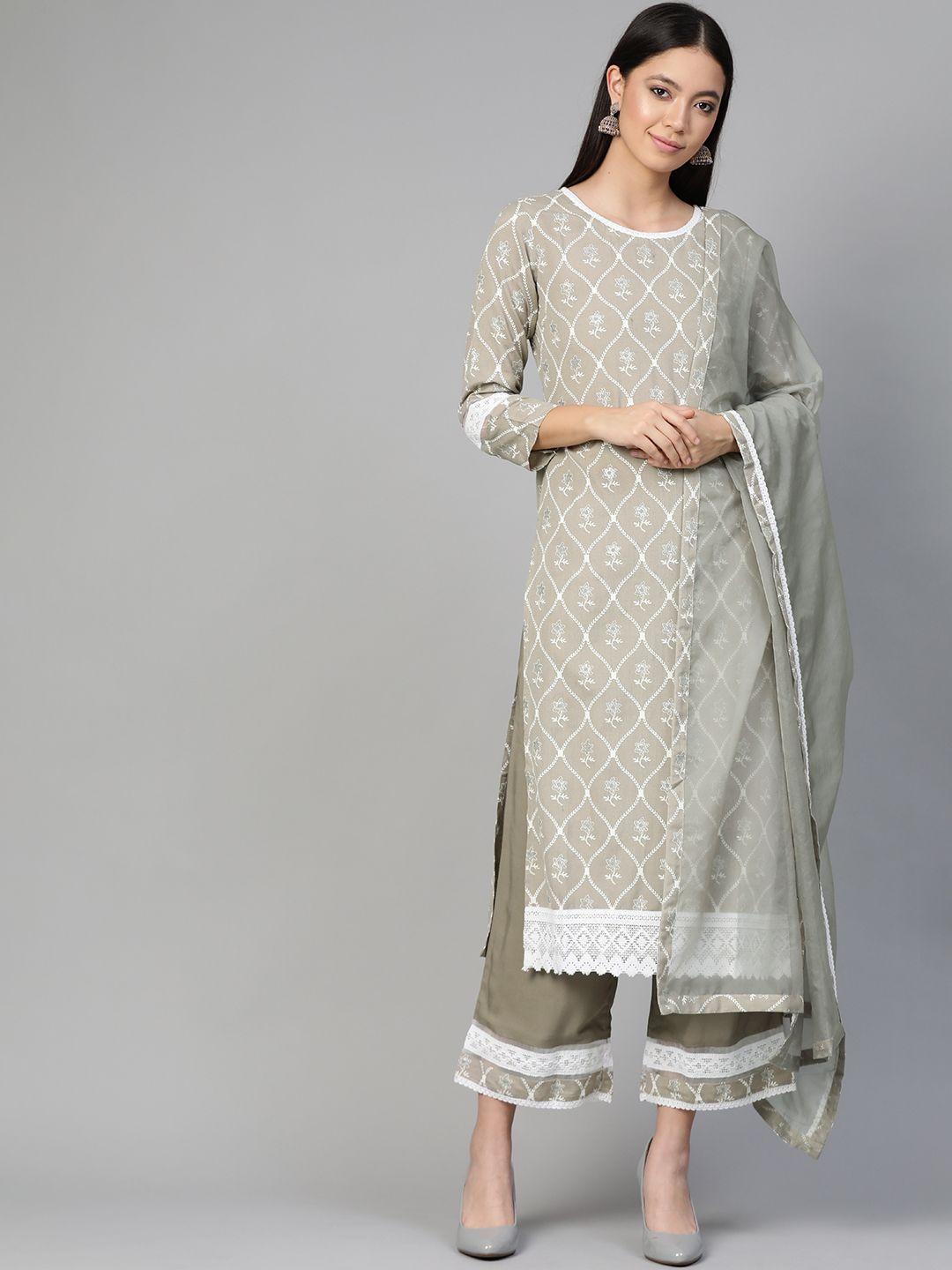 indo era women grey & off-white printed kurta with palazzos