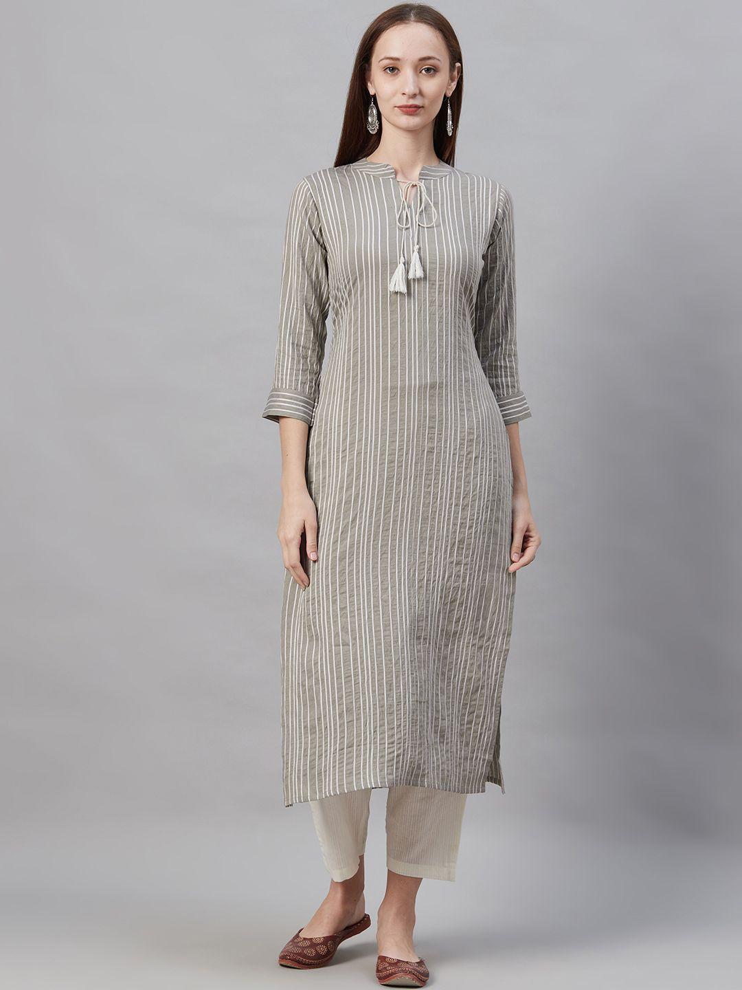 indo era women grey & white striped straight kurta