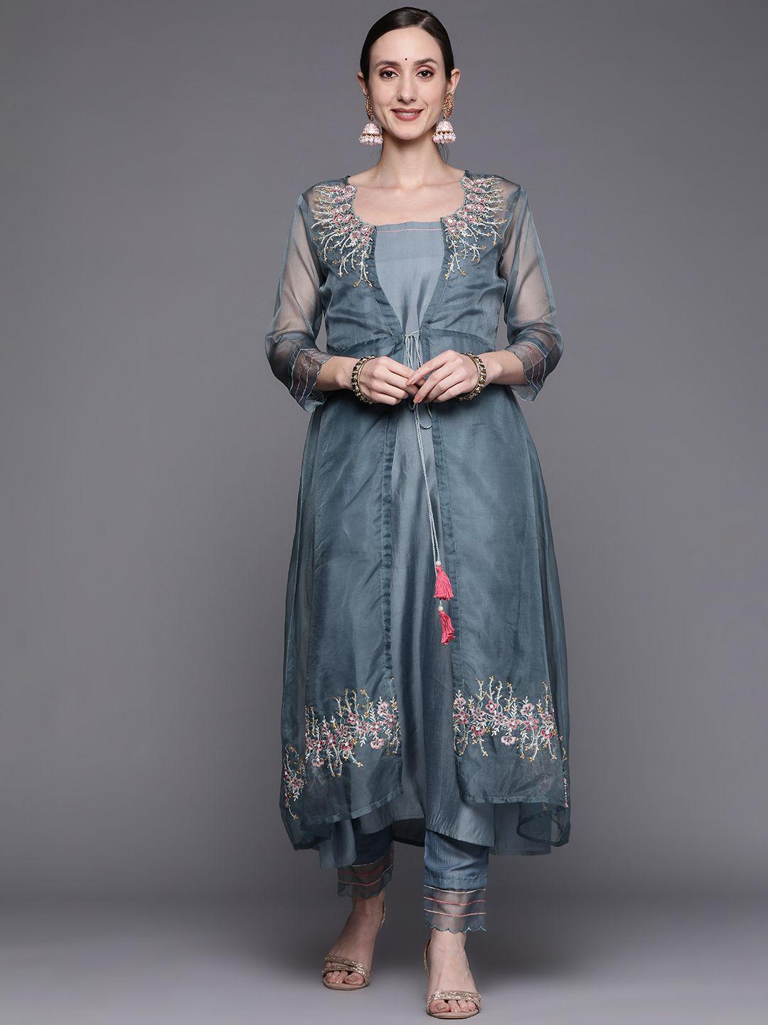 indo era women grey floral embroidered empire thread work kurta with trousers & jacket