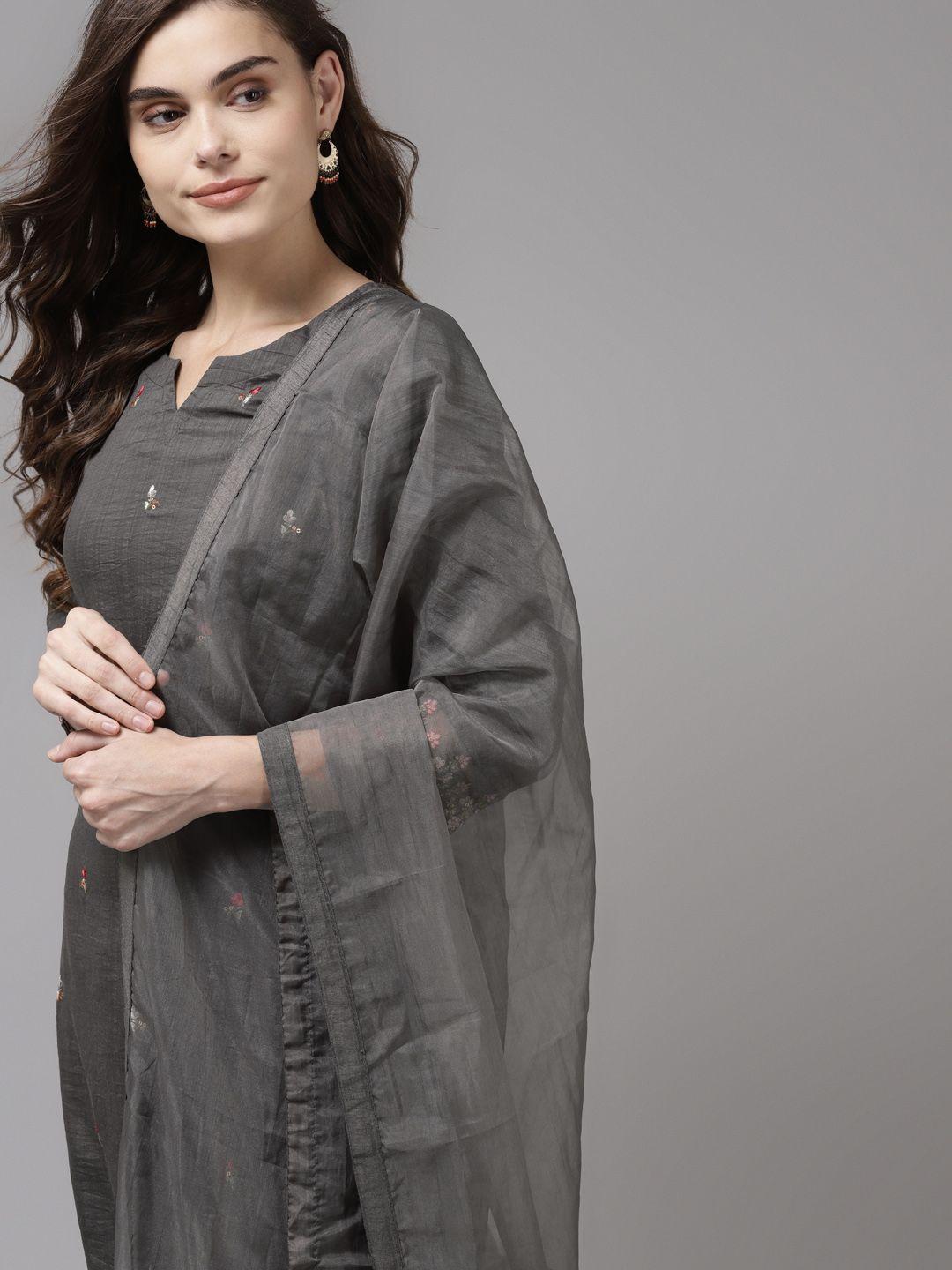 indo era women grey floral embroidered regular sequinned kurta with trousers & with dupatta