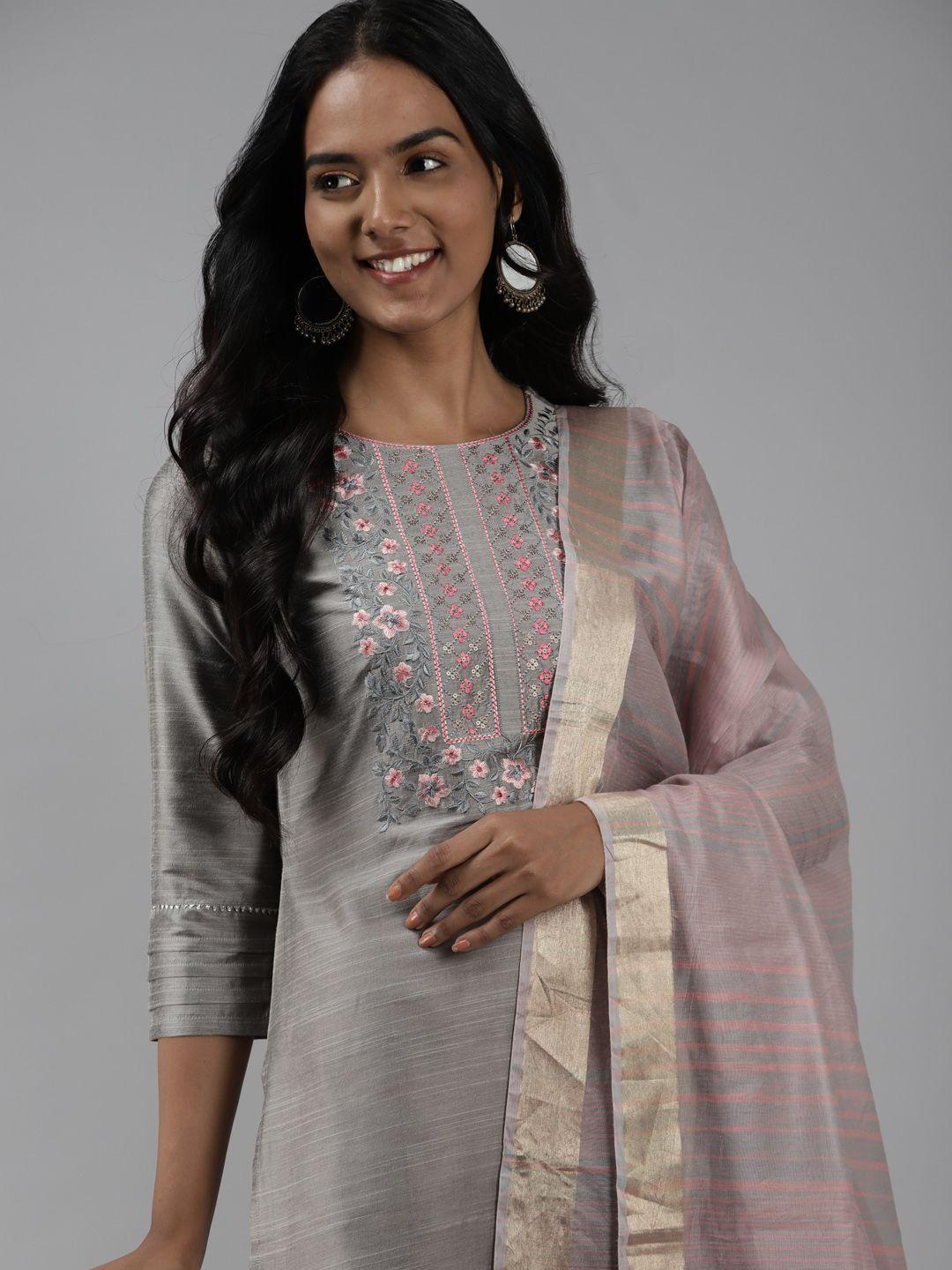 indo era women grey floral yoke design regular thread work kurta with trousers & with dupatta