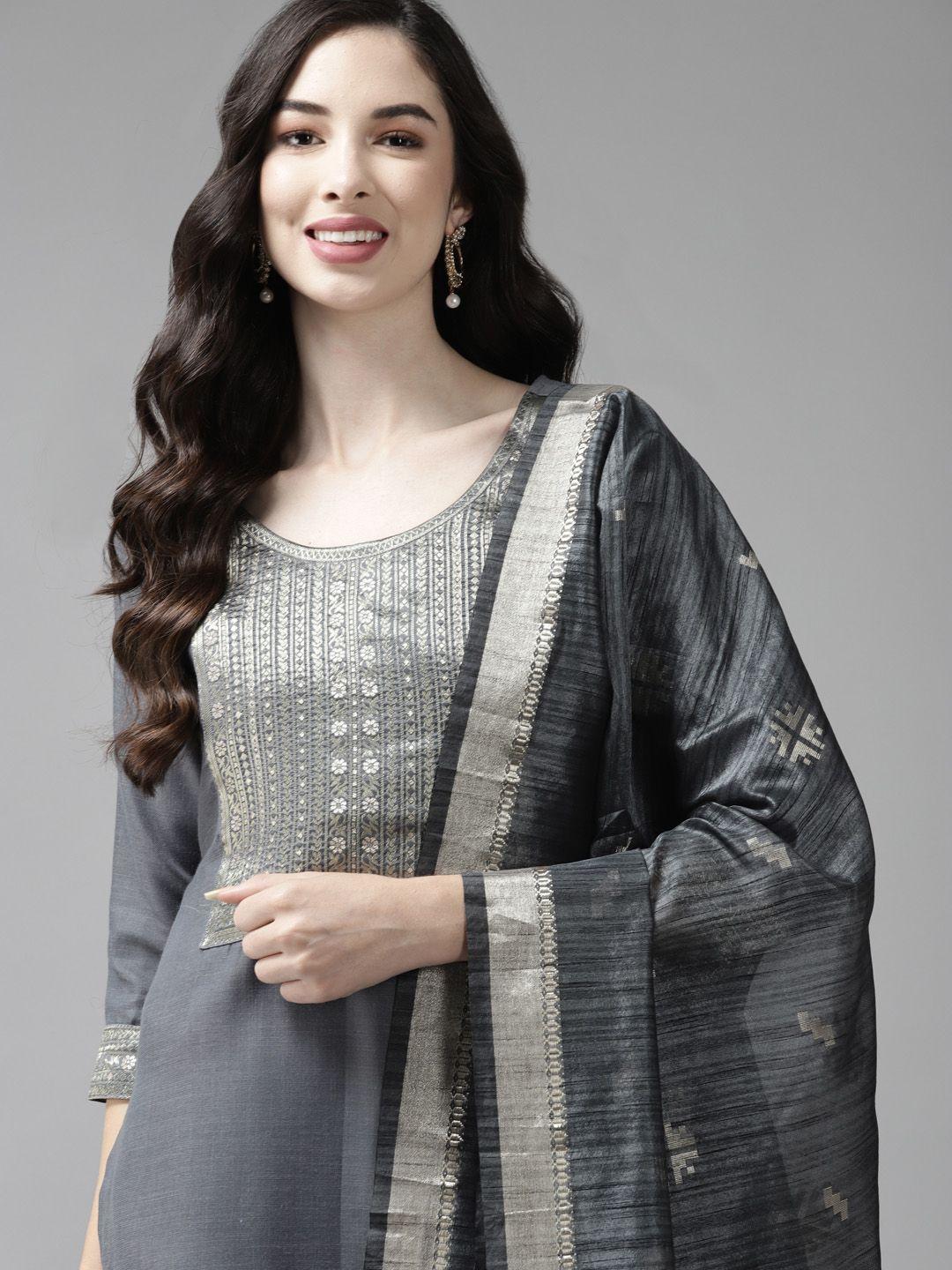 indo era women grey yoke design regular kurta with palazzos & dupatta