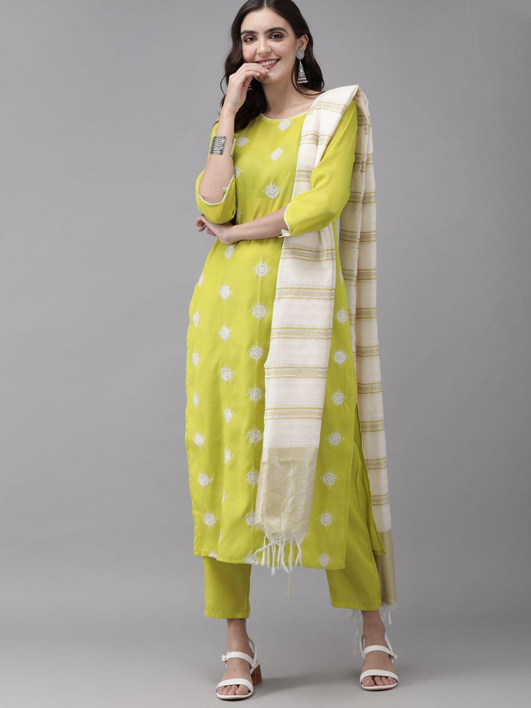 indo era women lime green & off-white embroidered kurta with trousers & dupatta