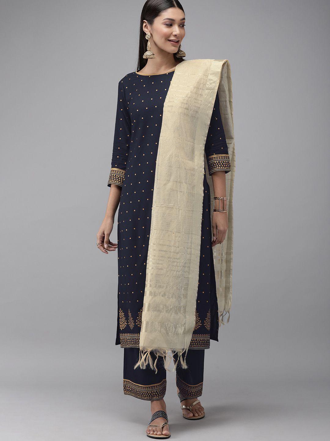 indo era women liva navy blue & gold-toned printed kurta with palazzos & dupatta