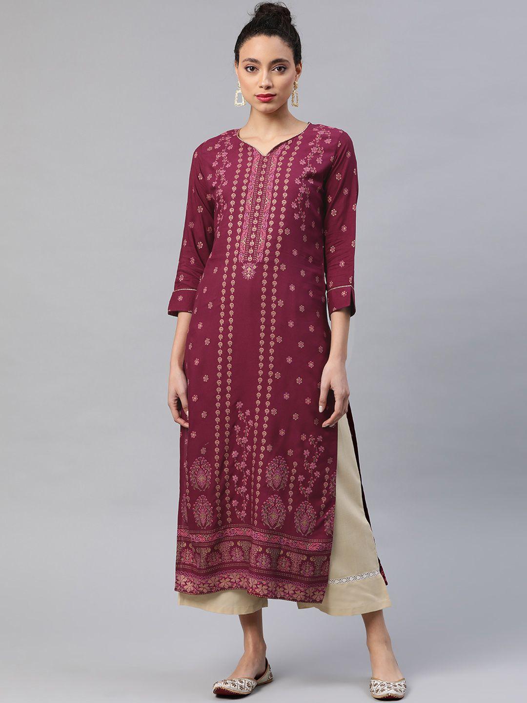 indo era women magenta & golden printed straight kurta