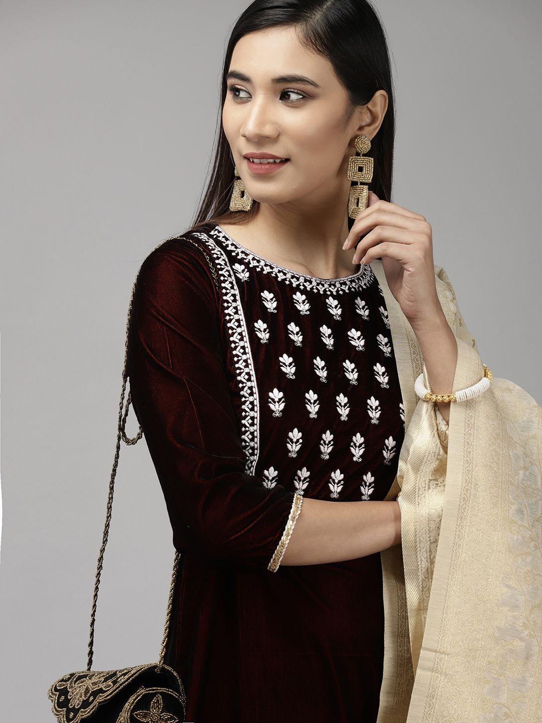 indo era women maroon & beige ethnic motifs embroidered kurta with palazzos & with dupatta