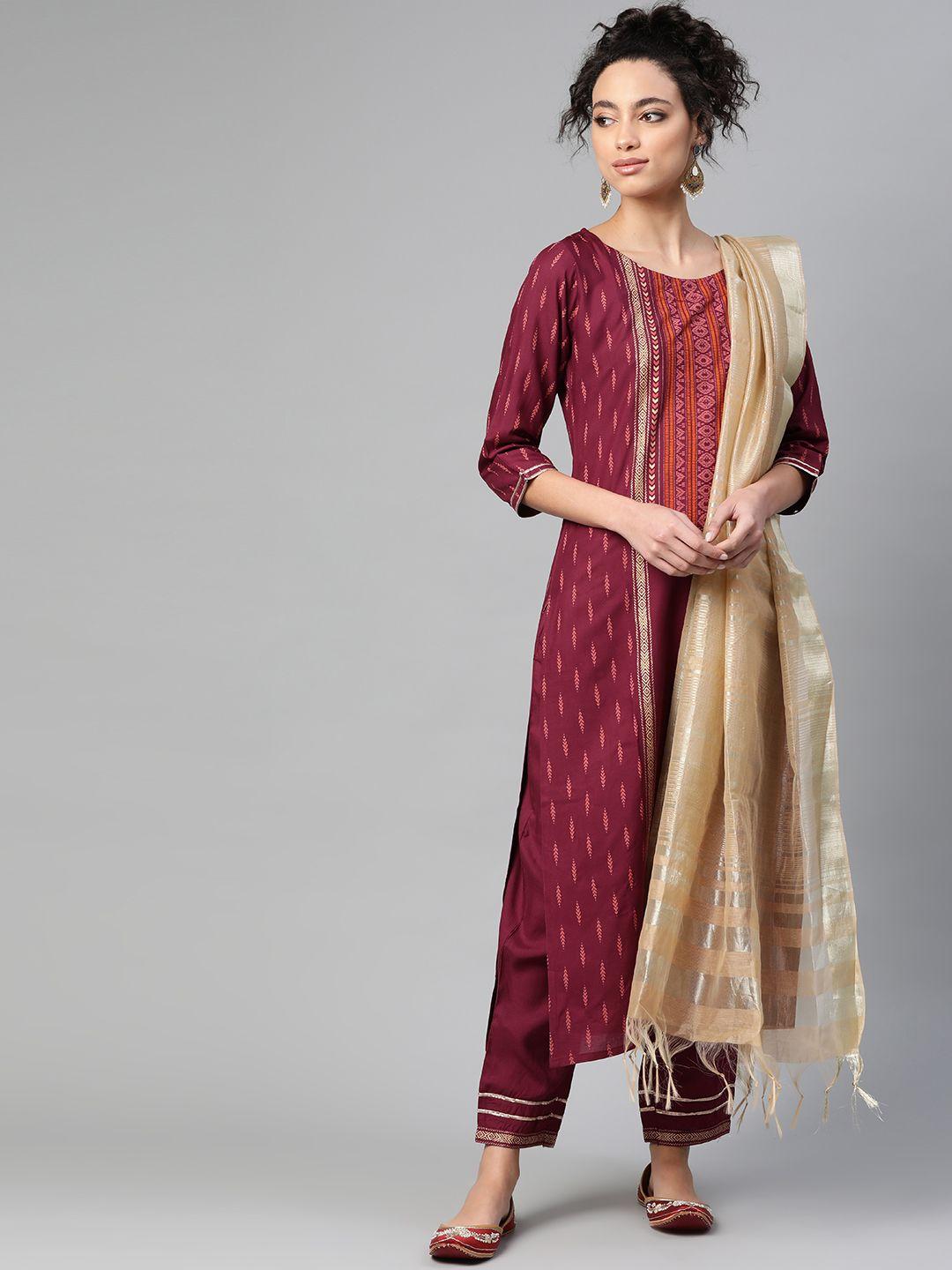 indo era women maroon & beige foil print kurta with trousers & dupatta