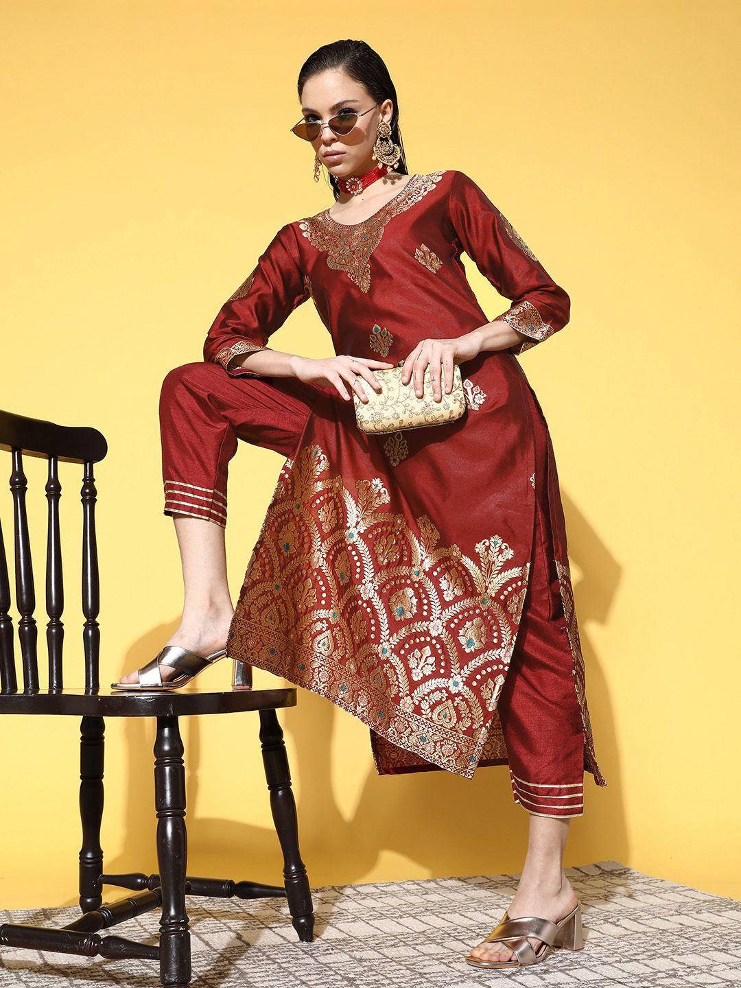 indo era women maroon & gold-toned ethnic motifs woven design kurta with palazzos