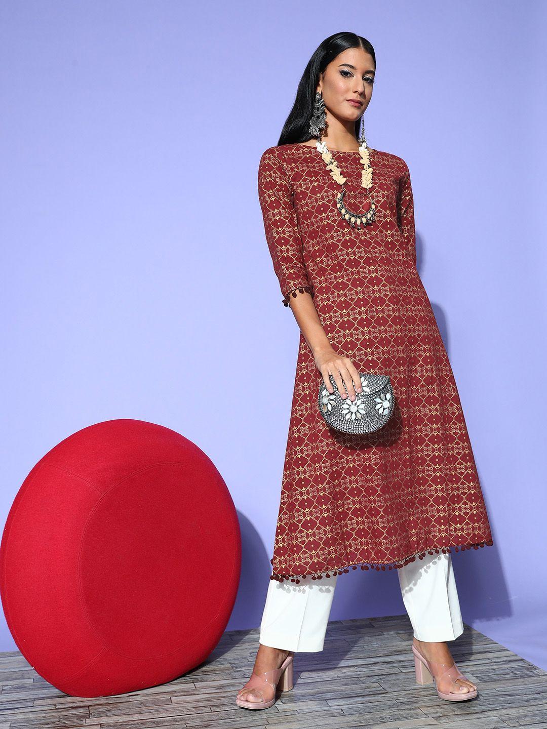 indo era women maroon & gold-toned geometric printed kurta