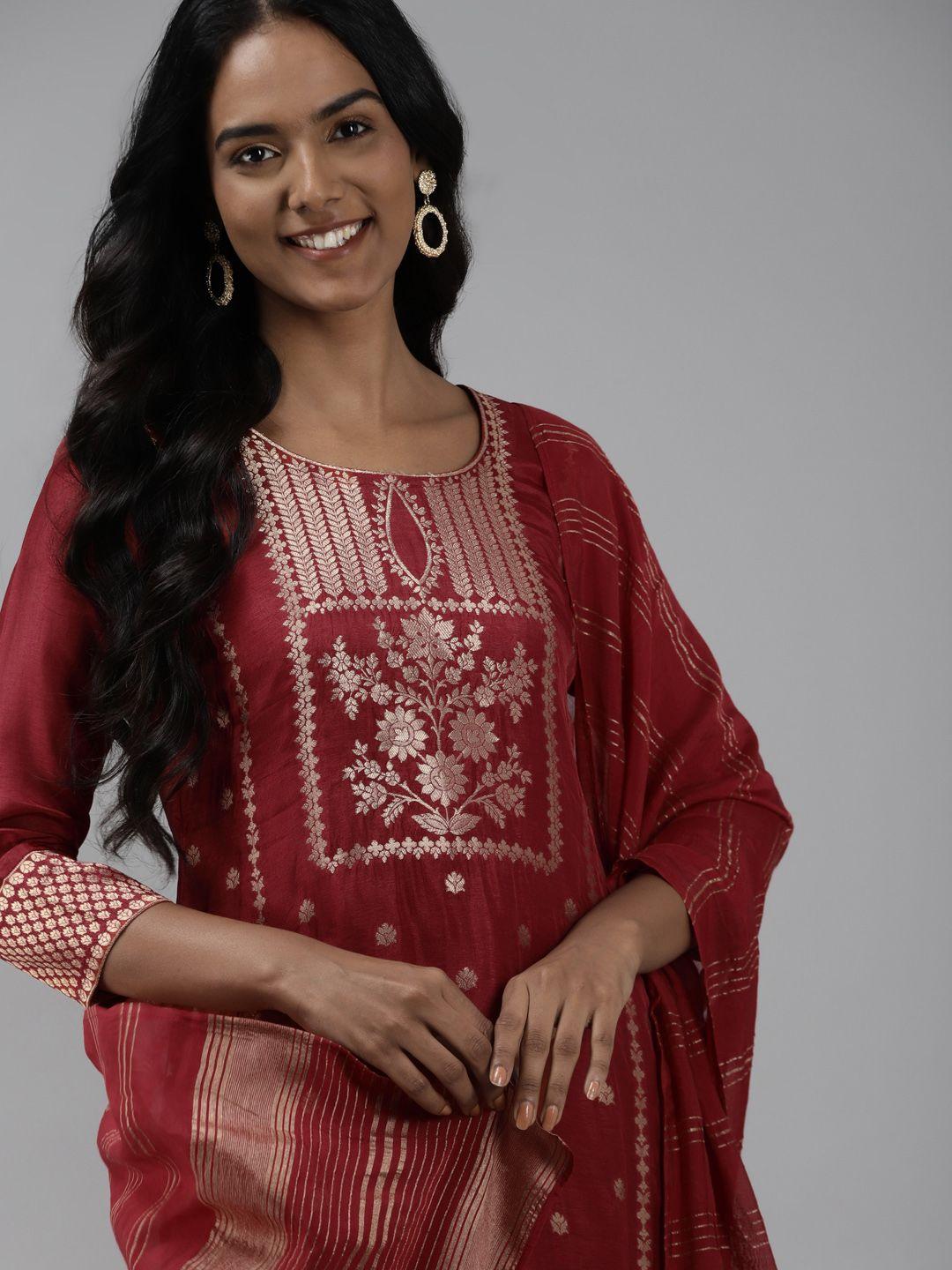 indo era women maroon & golden ethnic woven design kurta with trousers & dupatta