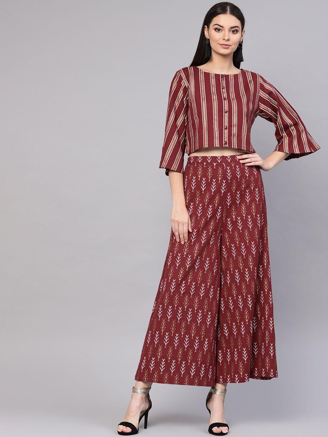 indo era women maroon & golden foil print top with palazzos