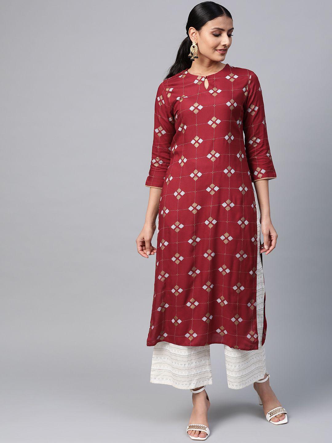 indo era women maroon & golden screen printed straight kurta