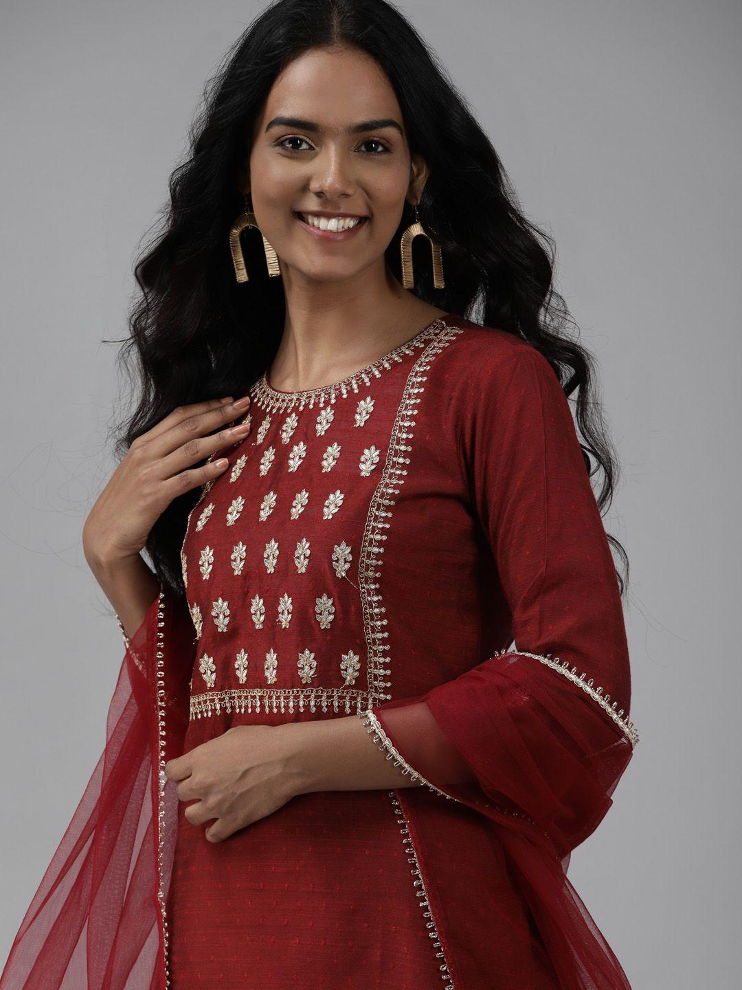 indo era women maroon & golden yoke design chanderi silk kurta with palazzos & dupatta