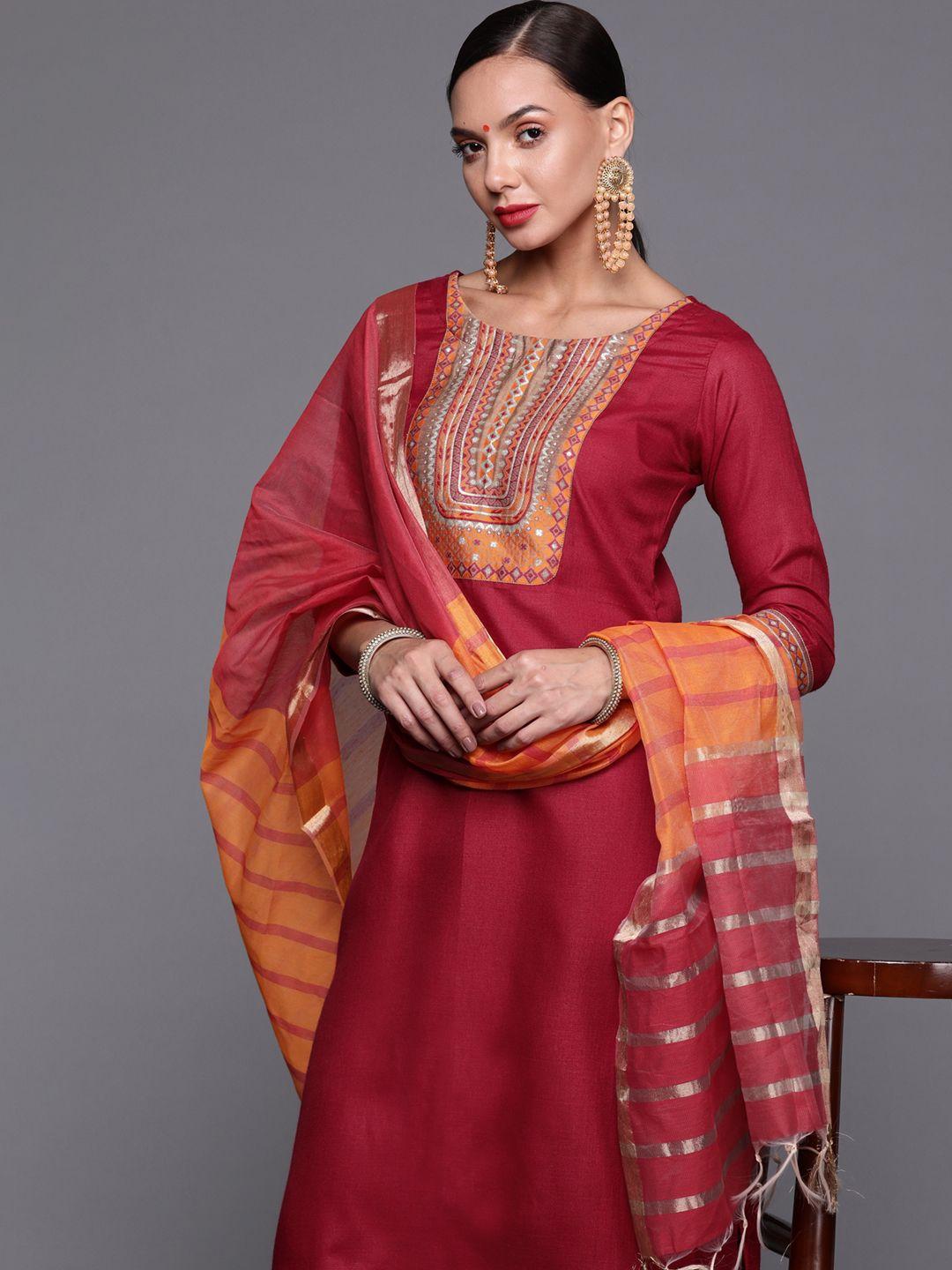 indo era women maroon & orange ethnic motifs printed kurta with palazzos & dupatta