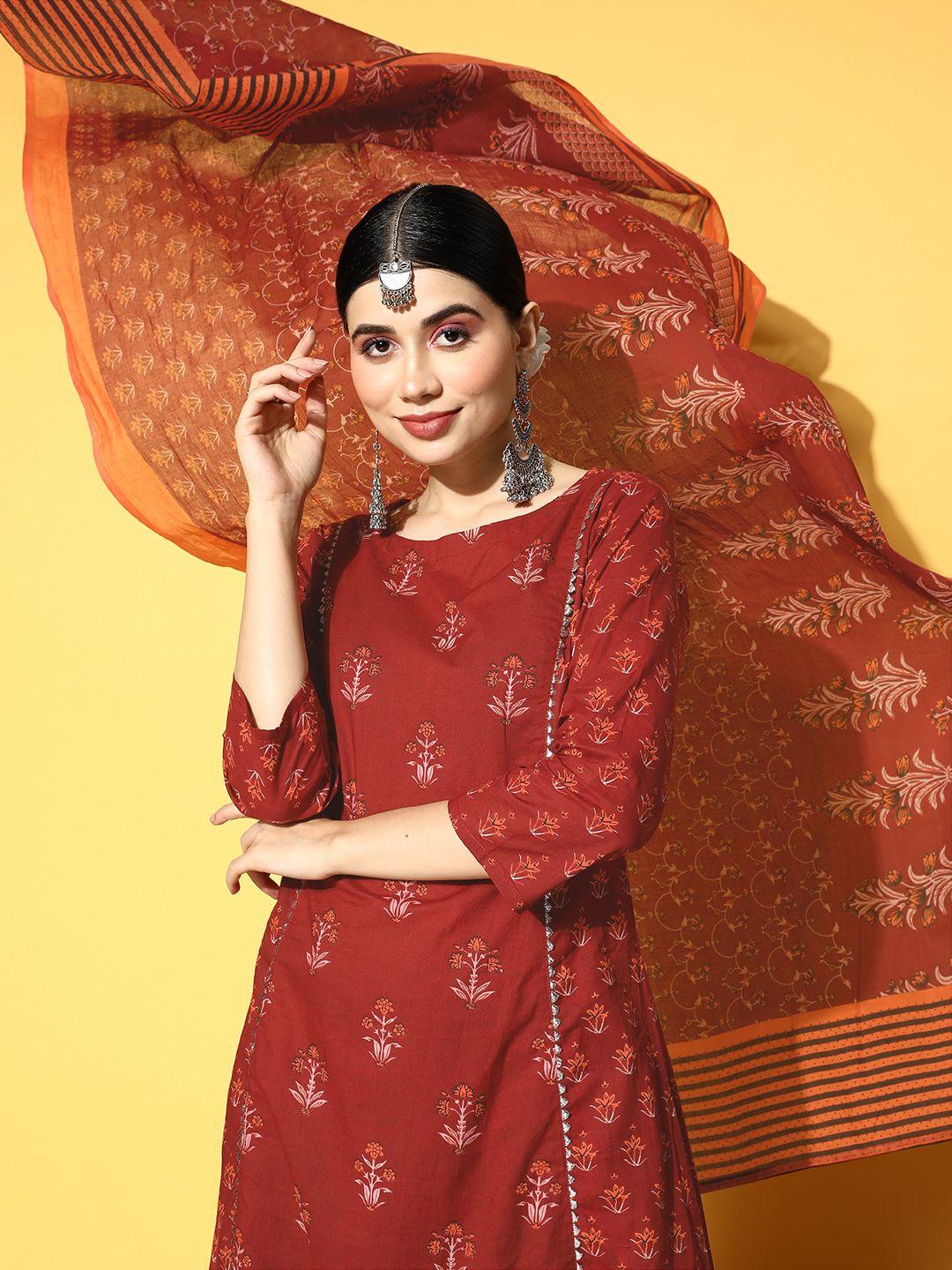 indo era women maroon & orange ethnic motifs printed kurta with trousers & dupatta