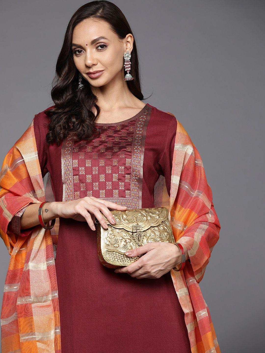 indo era women maroon ethnic motifs kurta with palazzos & with dupatta