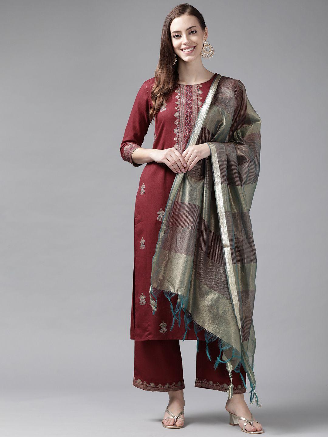 indo era women maroon ethnic motifs printed kurta with palazzos & dupatta