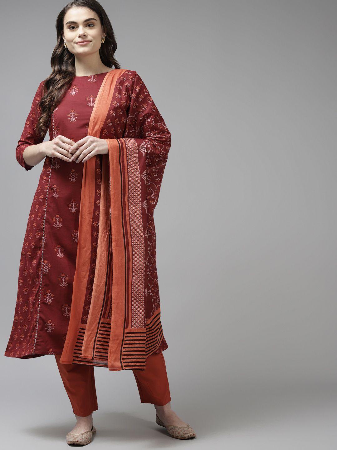 indo era women maroon ethnic motifs printed kurta with trousers & dupatta