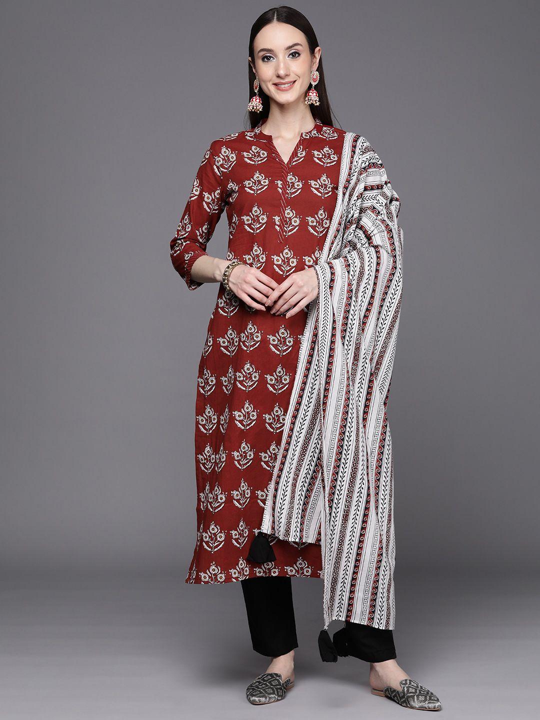 indo era women maroon ethnic motifs printed kurta with trousers & with dupatta