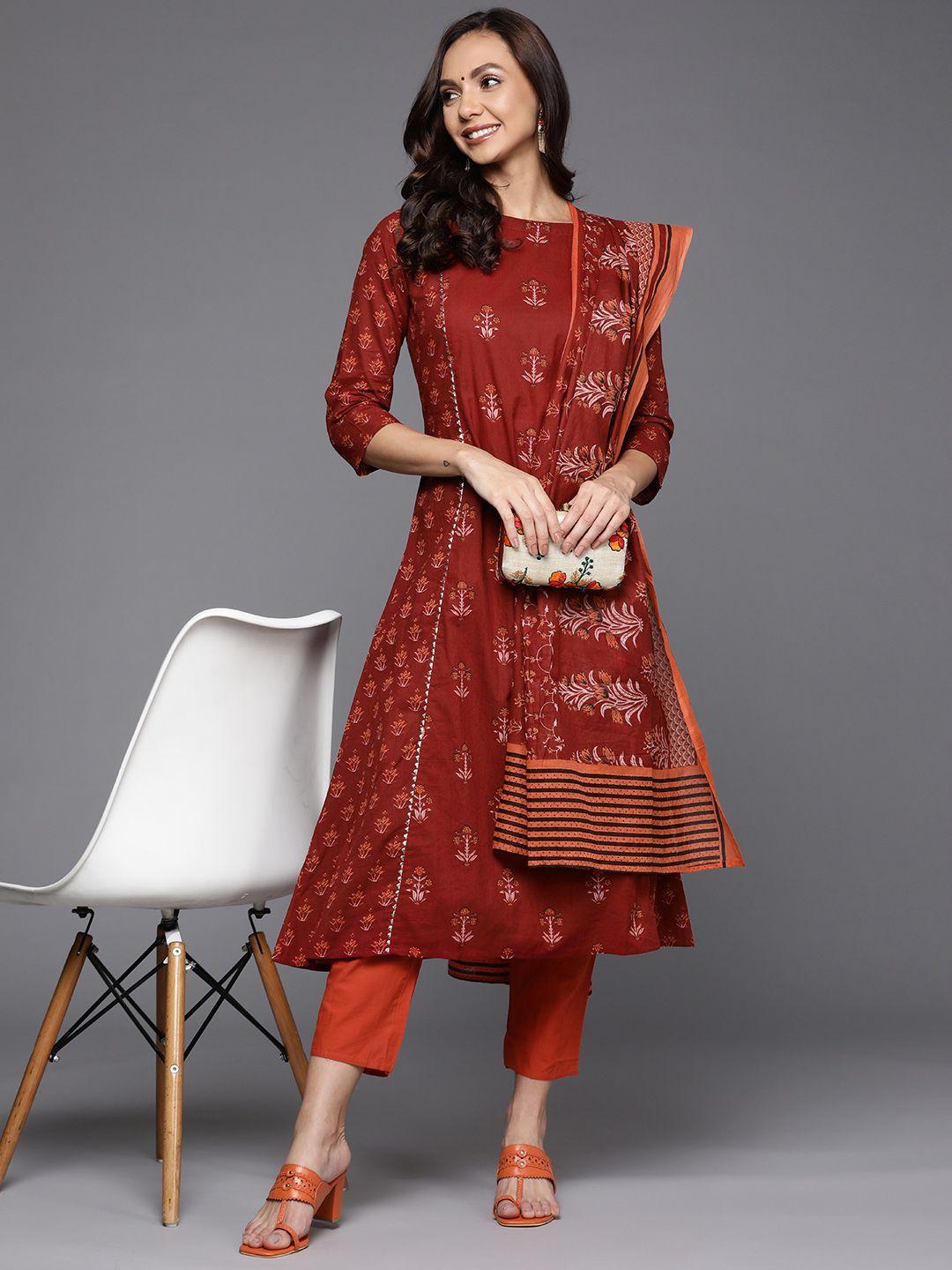 indo era women maroon ethnic motifs printed kurta with trousers & with dupatta