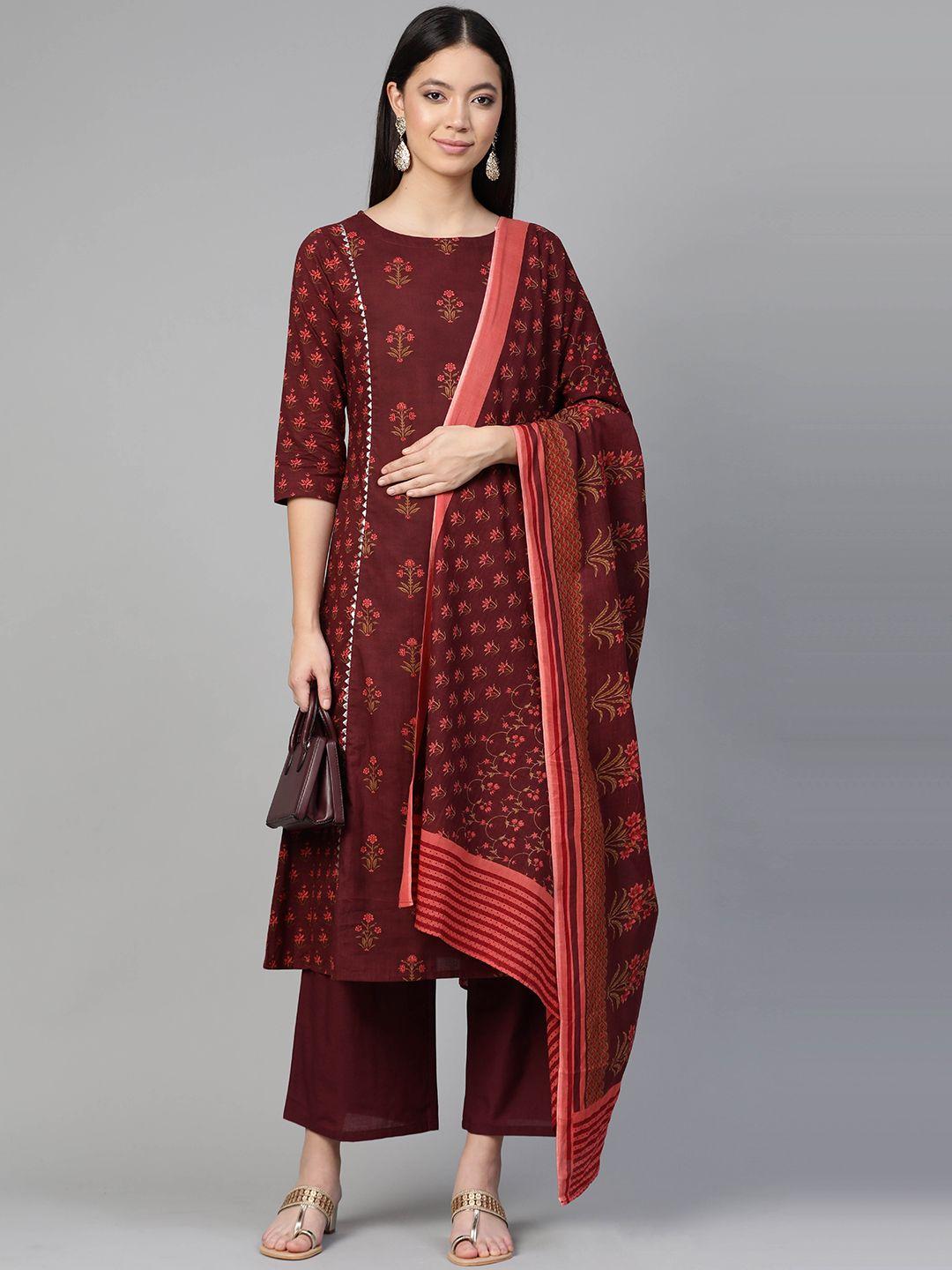 indo era women maroon ethnic motifs printed pure cotton kurta with palazzos & dupatta