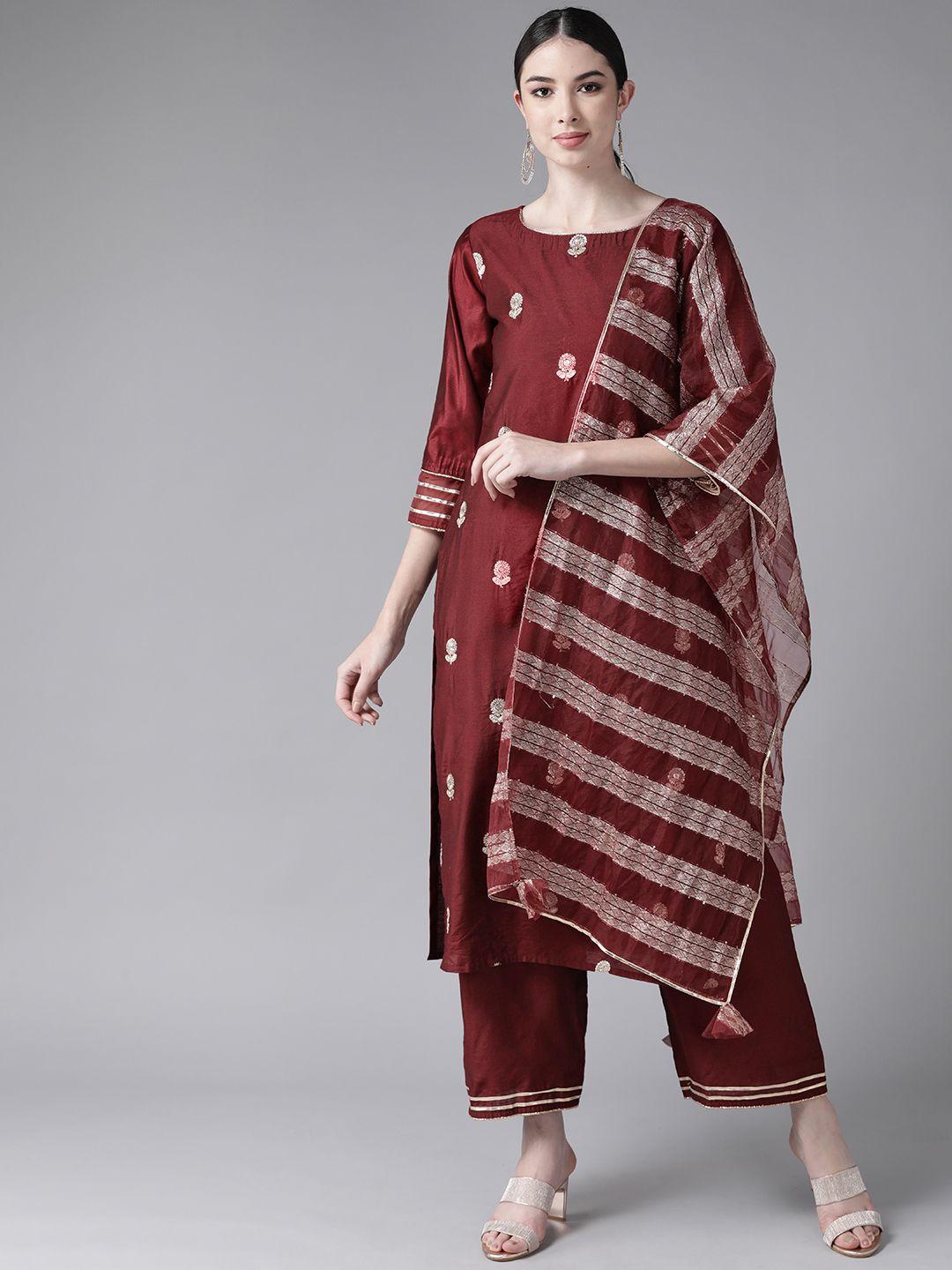 indo era women maroon floral embroidered kurta with trousers & with dupatta