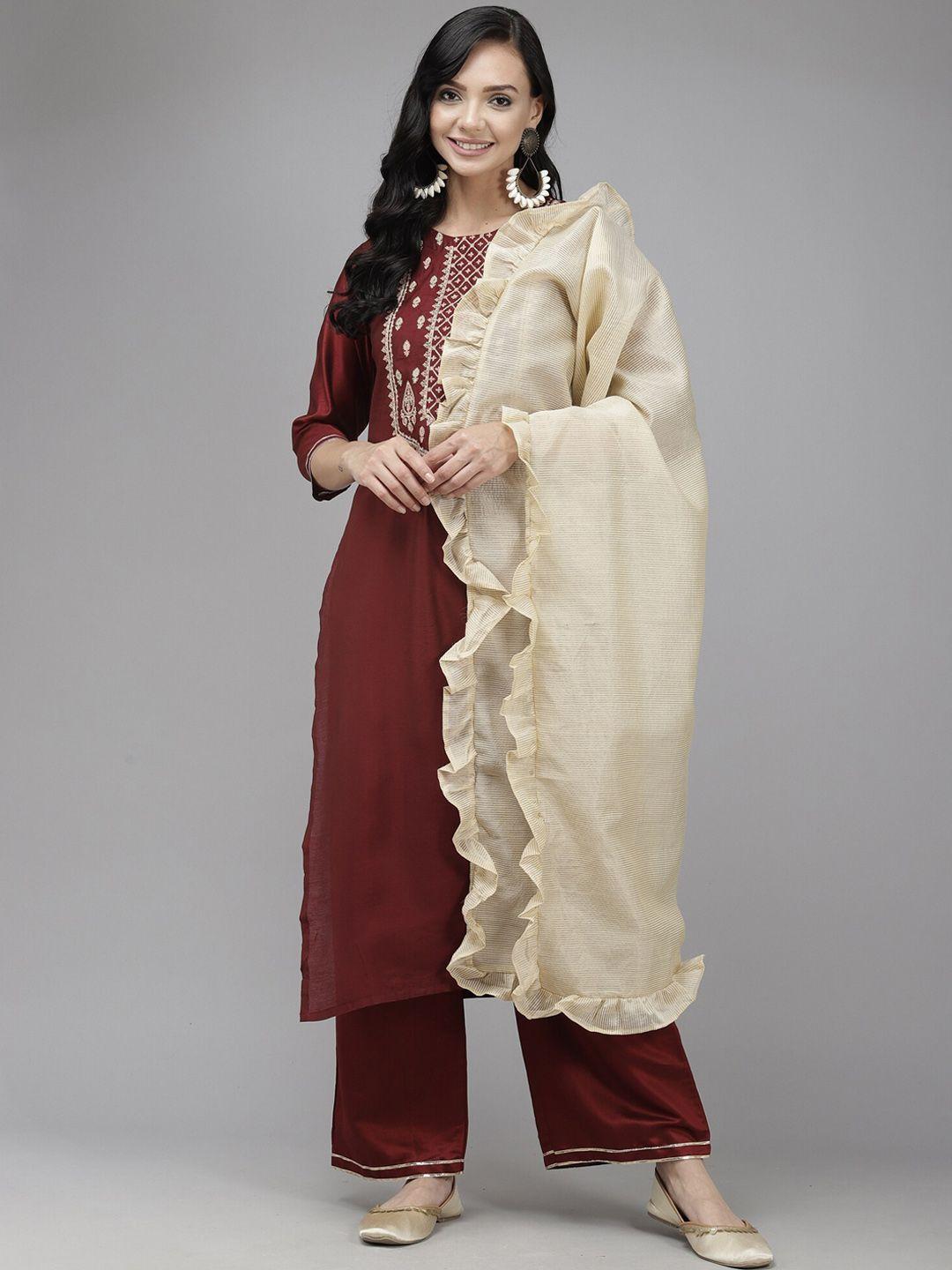 indo era women maroon floral embroidered kurta with trousers & with dupatta
