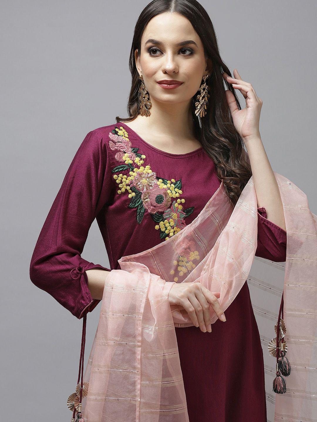 indo era women maroon floral embroidered liva kurta with palazzos & dupatta