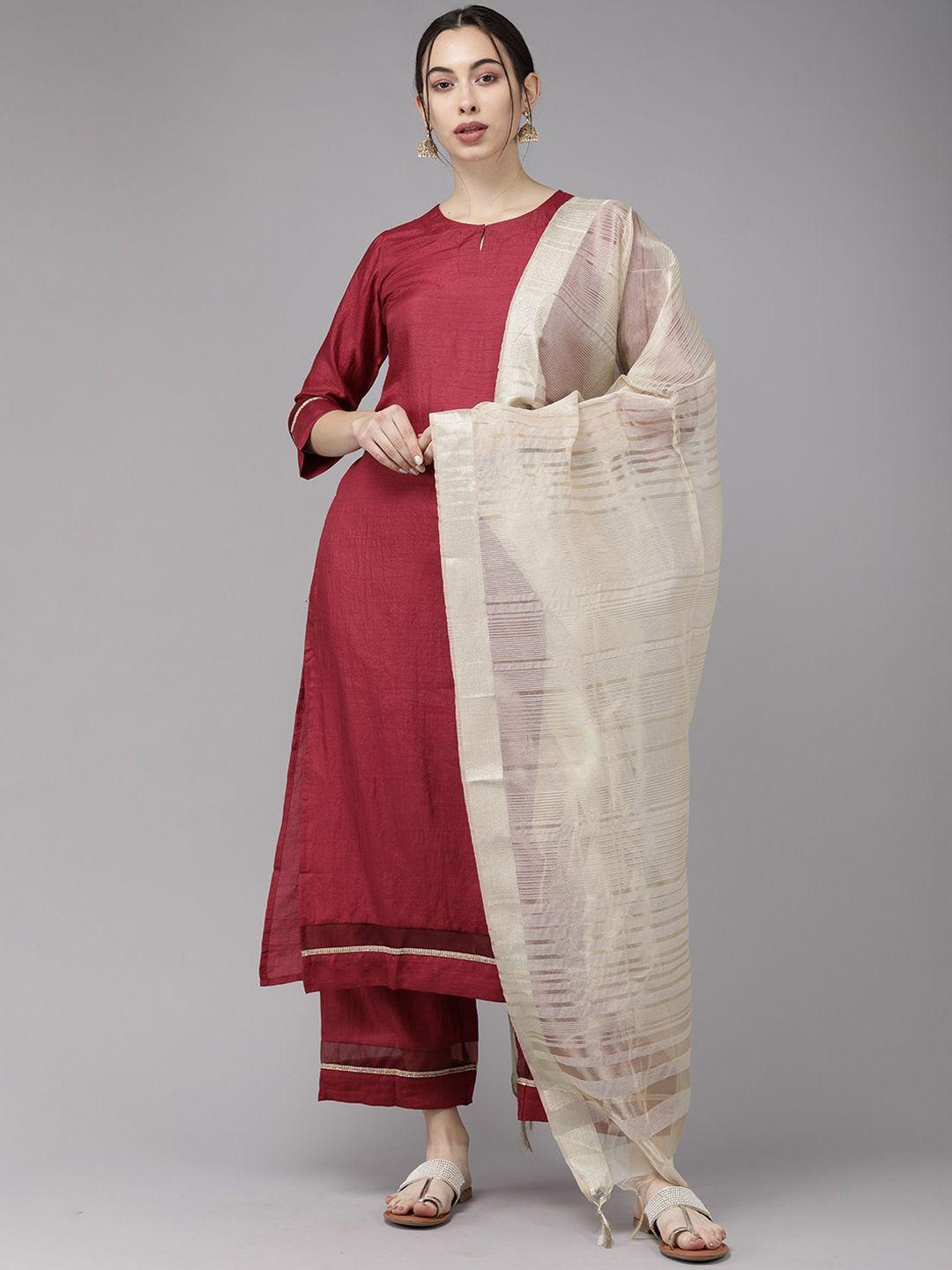 indo era women maroon kurta with palazzo & dupatta