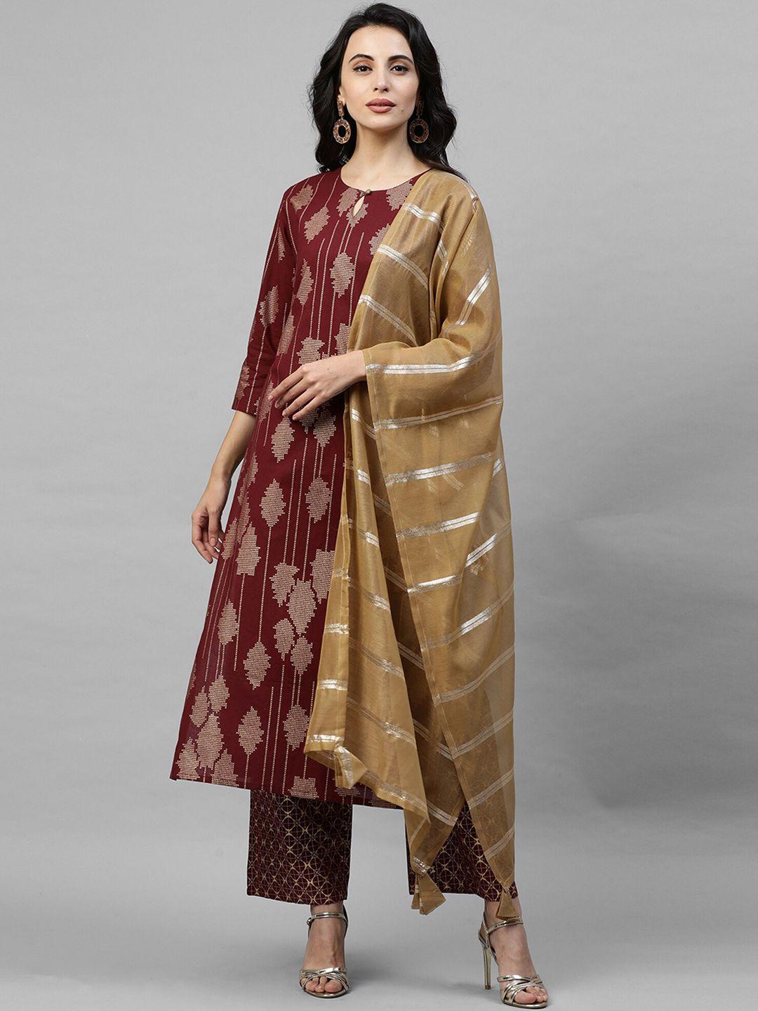 indo era women maroon printed kurta with trousers & dupatta