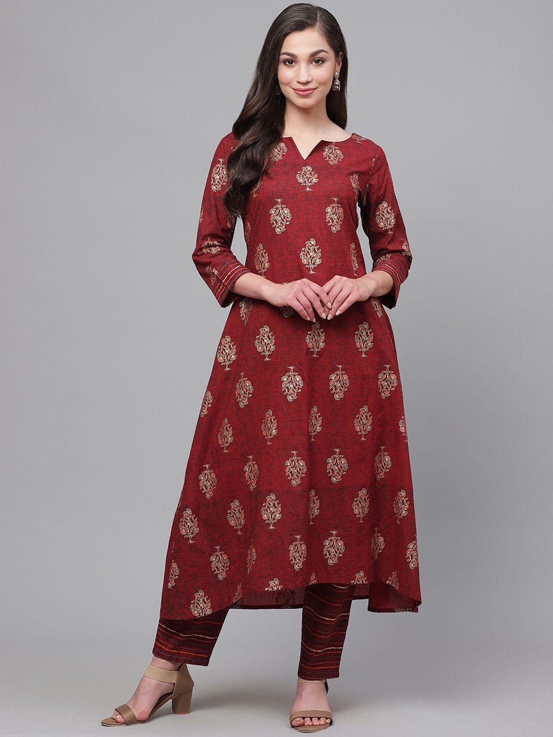 indo era women maroon printed layered pure cotton kurti with trousers