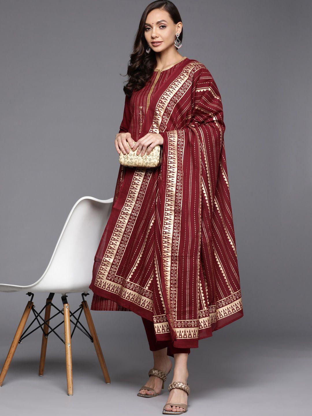 indo era women maroon printed pure cotton kurta with trousers & with dupatta