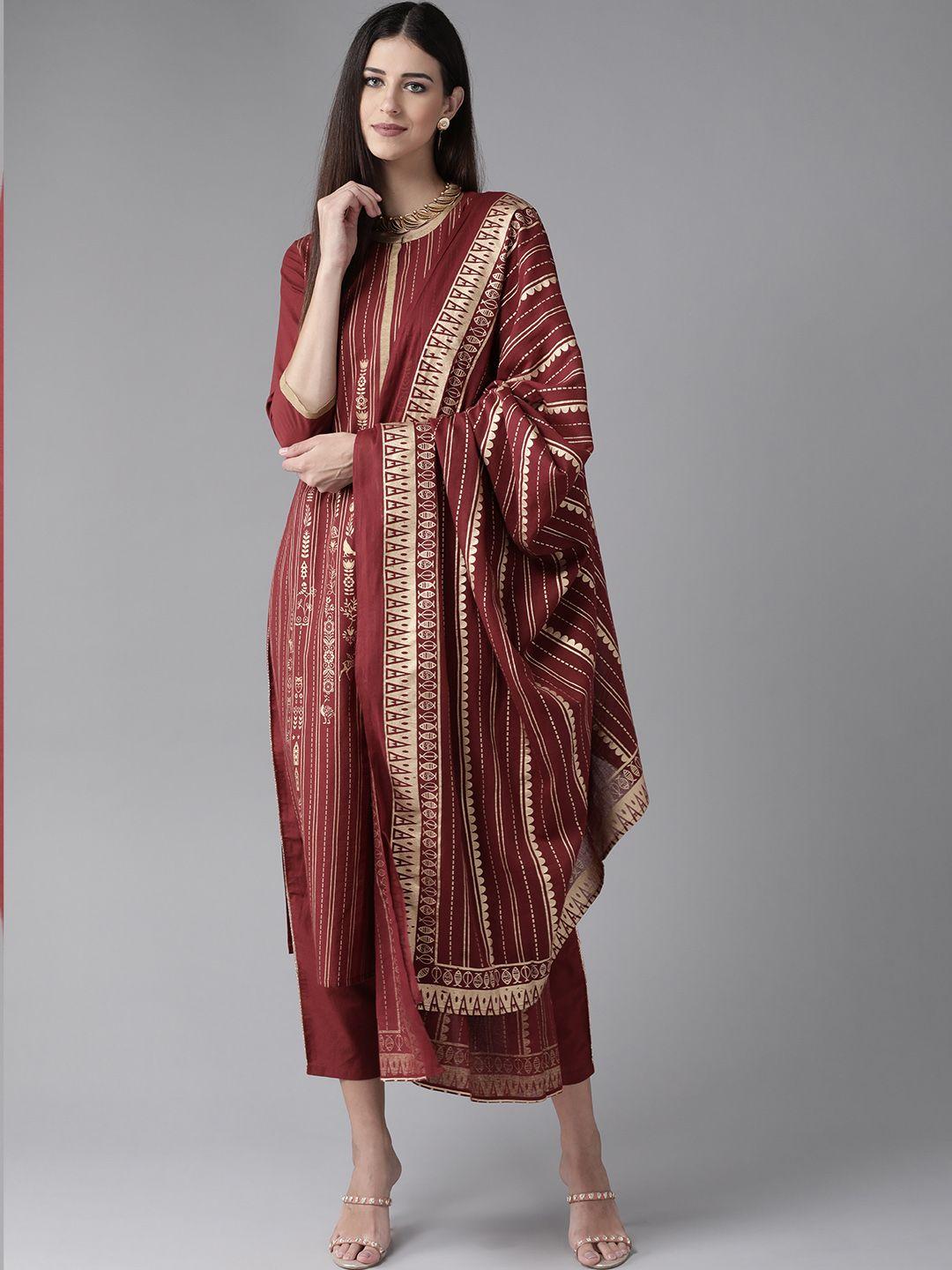 indo era women maroon printed regular pure cotton kurta with trousers & with dupatta