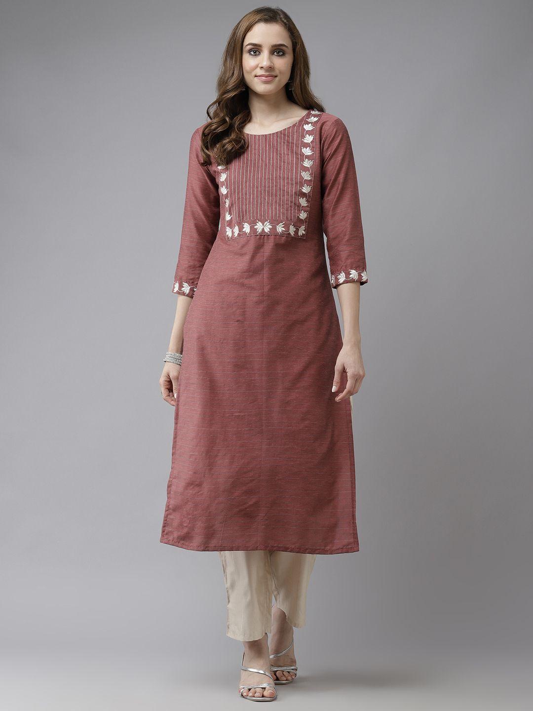 indo era women mauve & white striped yoke design floral kurta