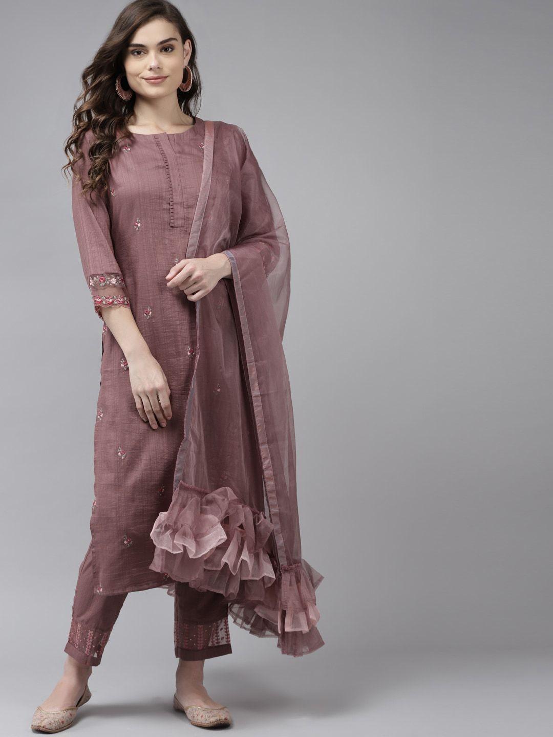 indo era women mauve floral embroidered thread work kurta with palazzos & with dupatta