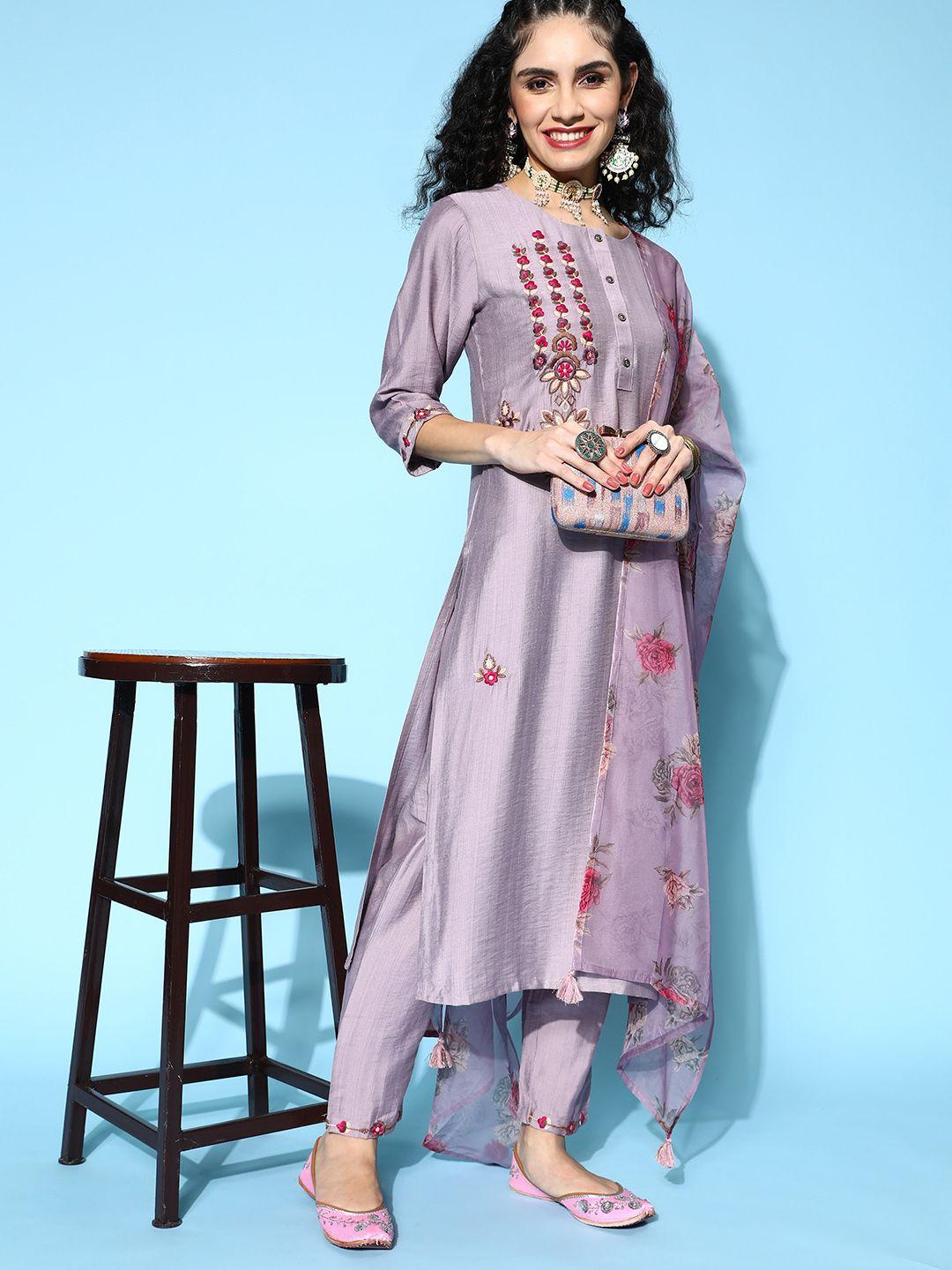 indo era women mauve silk blend pakistani suit kurta set