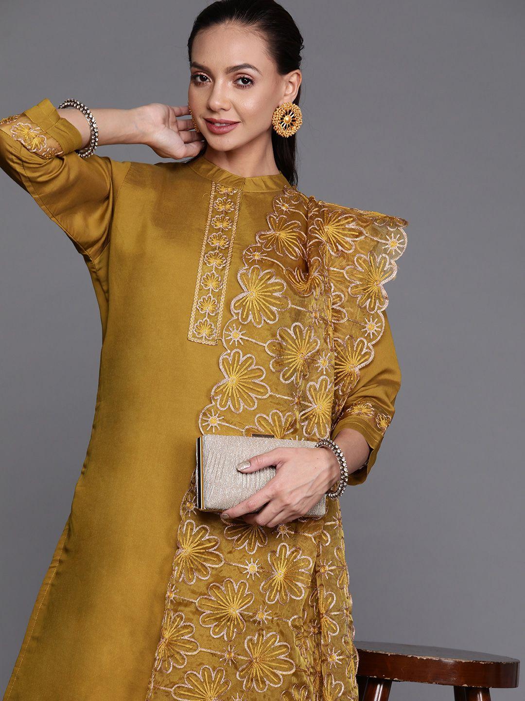 indo era women mustard yellow & beige floral embroidered kurta with trousers & dupatta