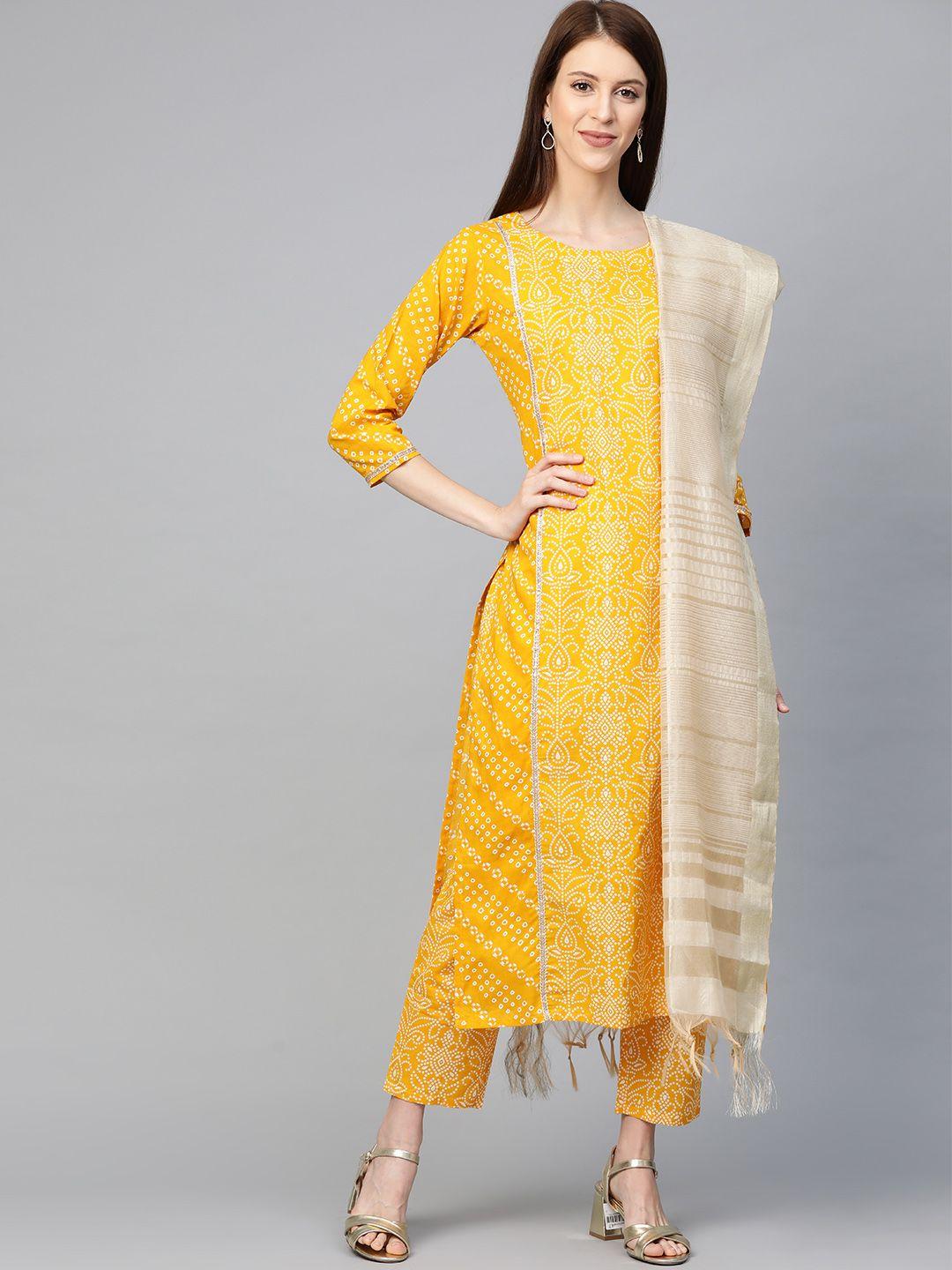 indo era women mustard yellow & beige printed kurta with trousers & dupatta
