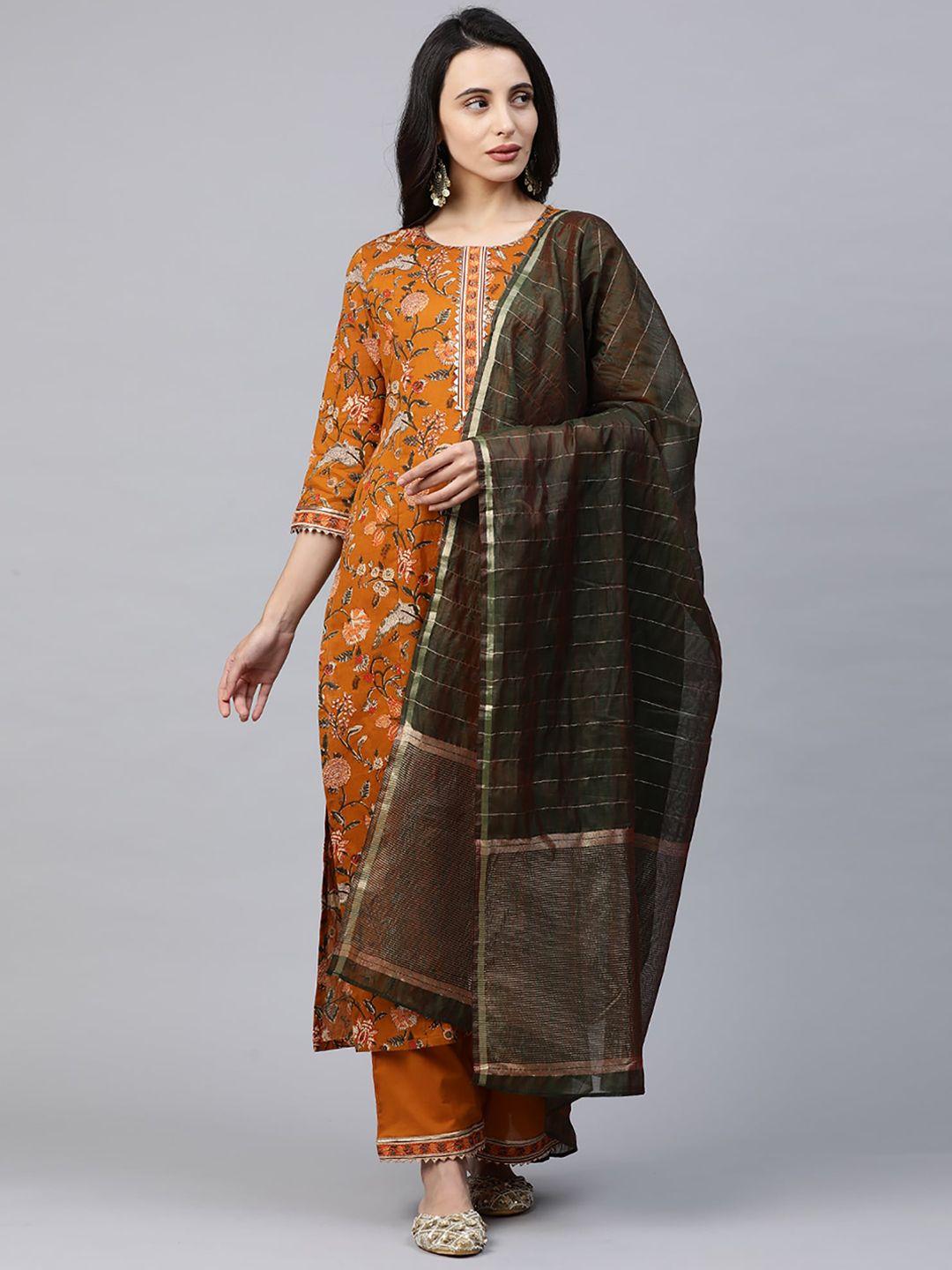 indo era women mustard yellow & green printed kurta with palazzos & dupatta