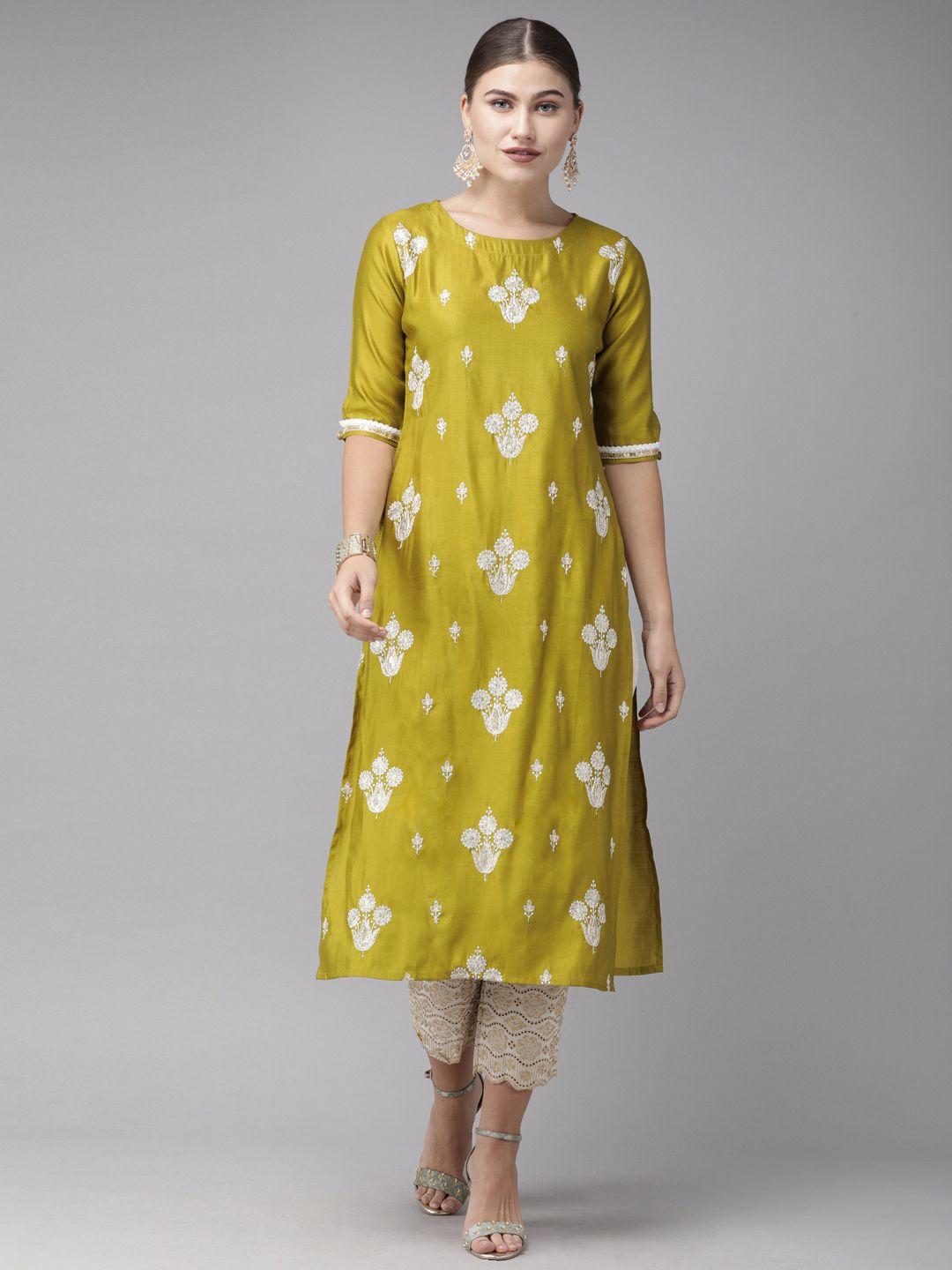 indo era women mustard yellow & white ethnic motifs embroidered sequins liva kurta