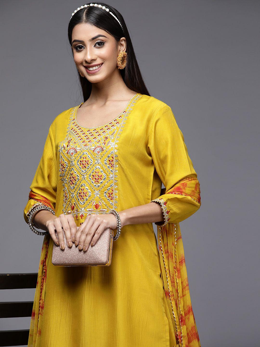 indo era women mustard yellow embroidered kurta with sharara & dupatta