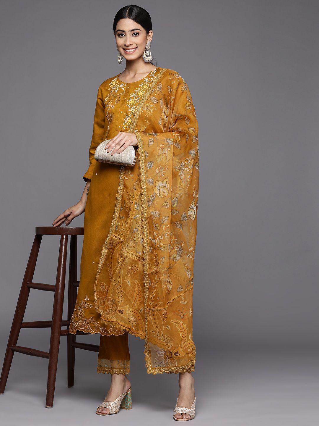 indo era women mustard yellow floral embroidered thread work kurta with trousers & dupatta