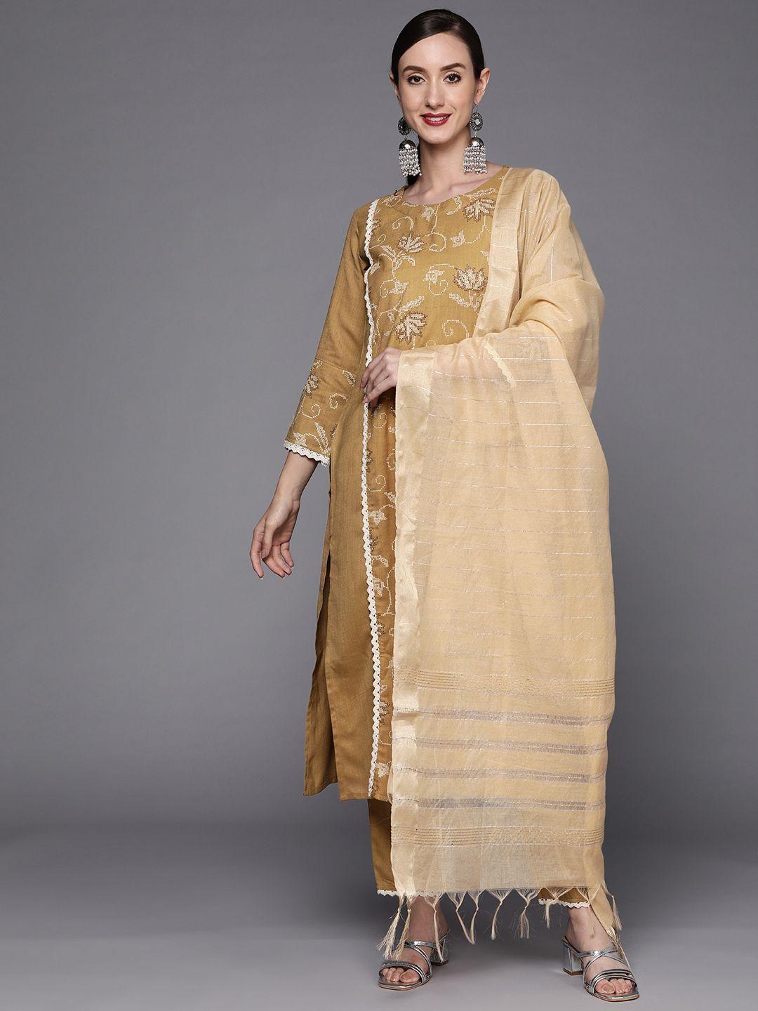 indo era women mustard yellow floral kurta with trousers & with dupatta