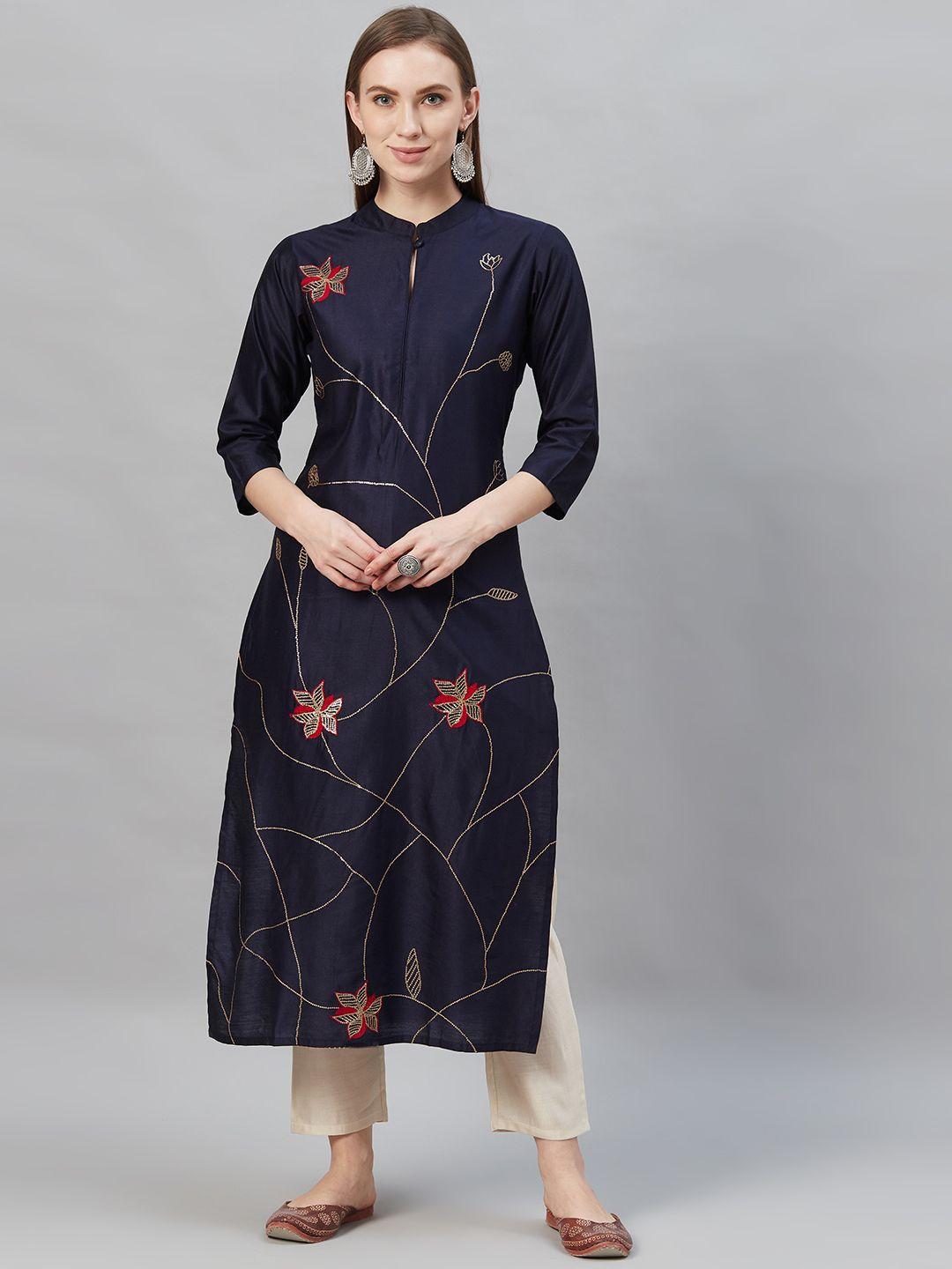 indo era women navy blue & beige sequence embellished kurta with trousers