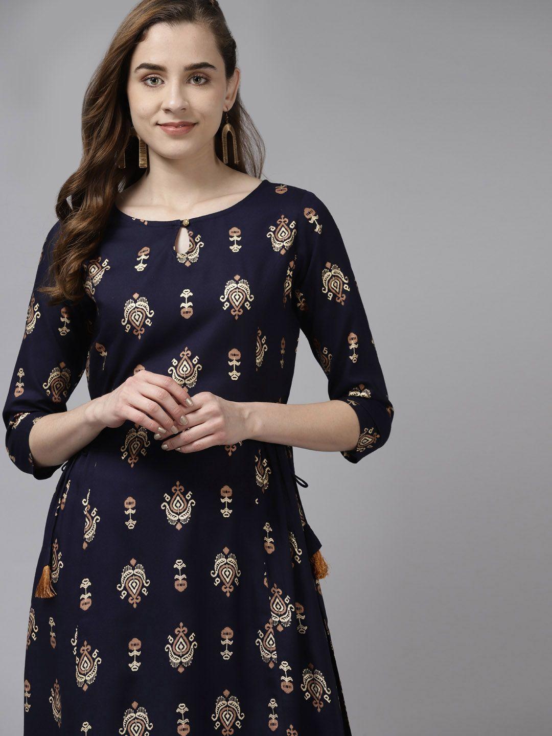 indo era women navy blue & golden ethnic motifs foil printed kurta