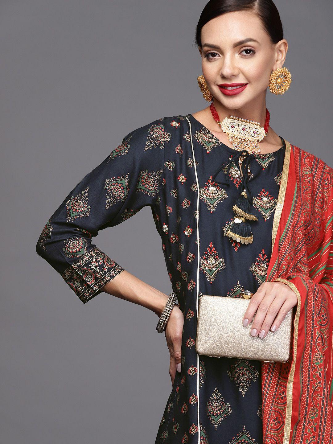 indo era women navy blue & golden ethnic motifs printed kurta with trousers & dupatta